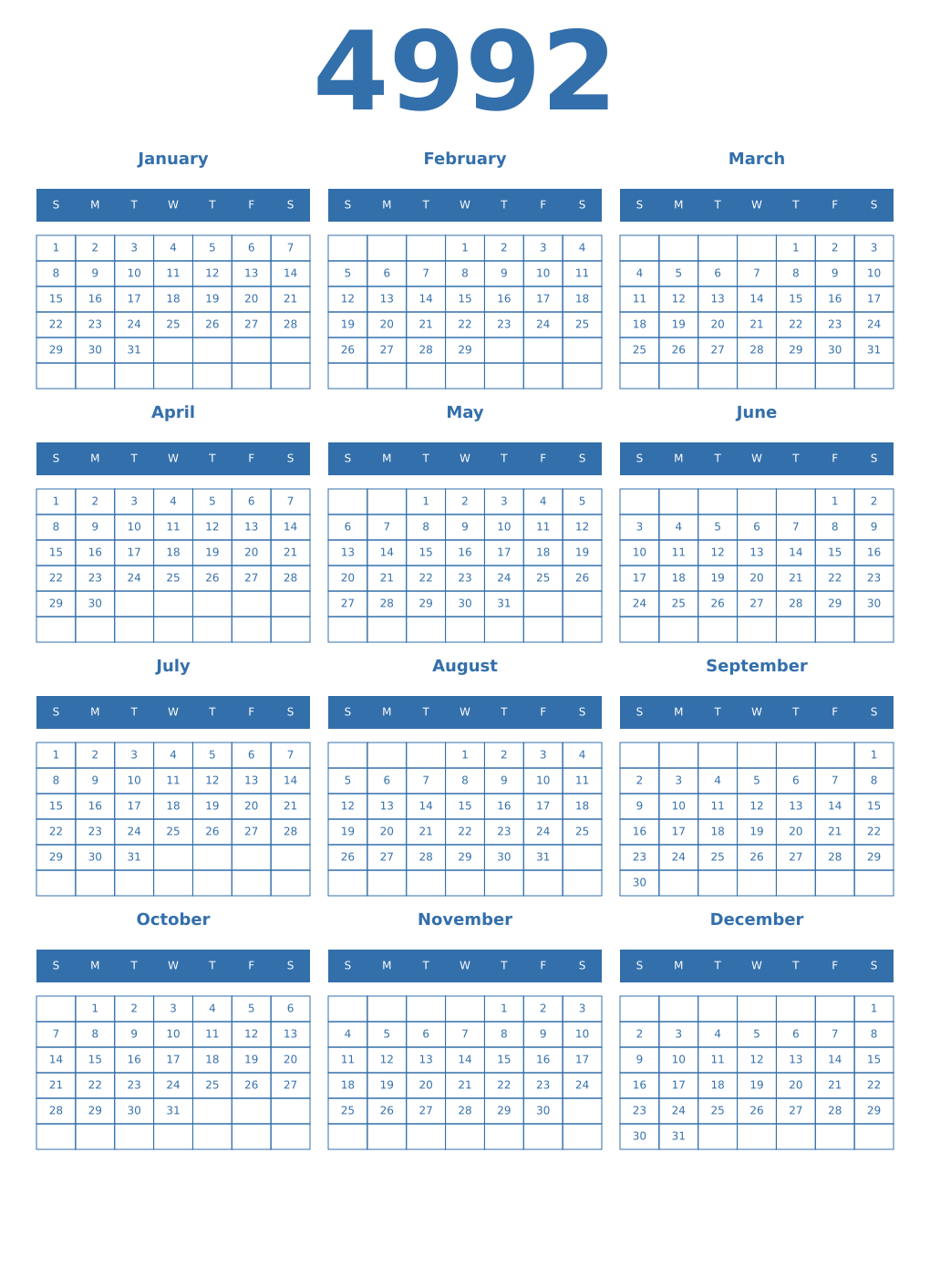 Printable 4992 Year Calendars blue