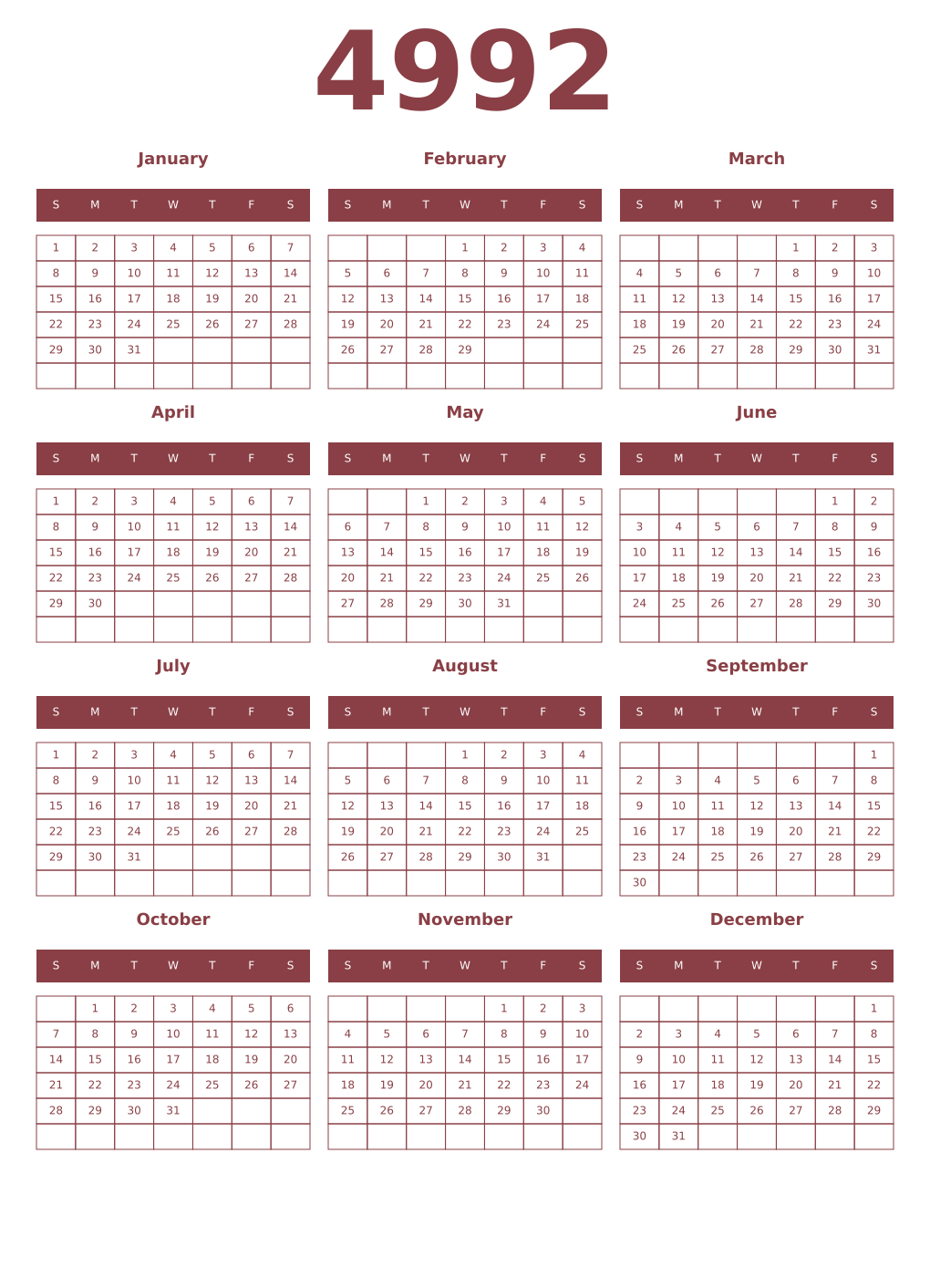 Printable 4992 Year Calendars cordovan