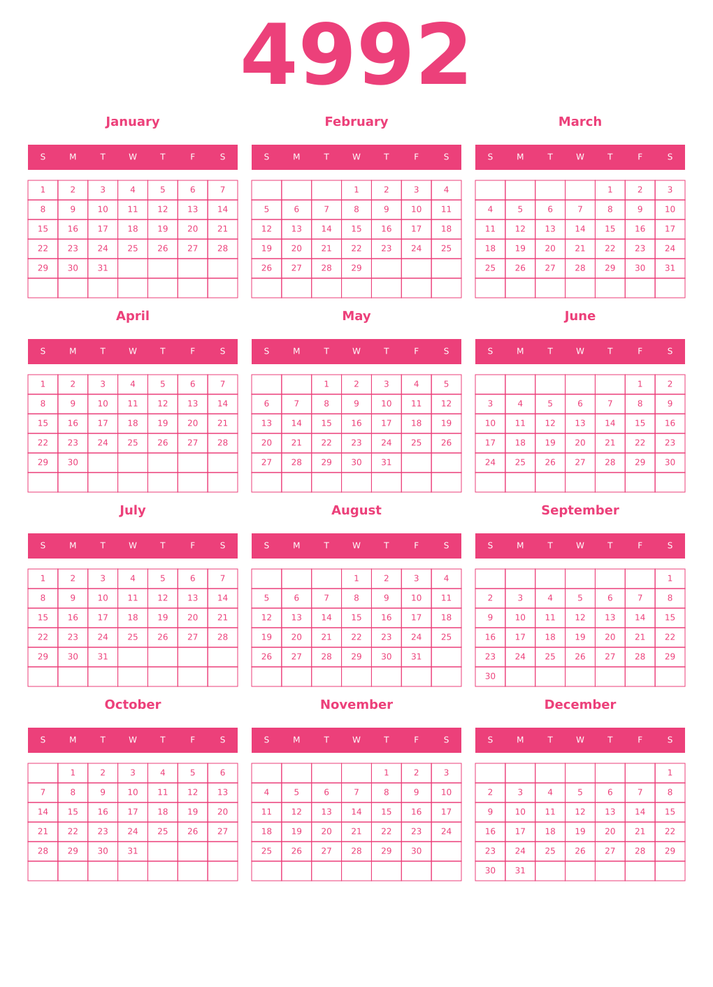 Printable 4992 Year Calendars pink