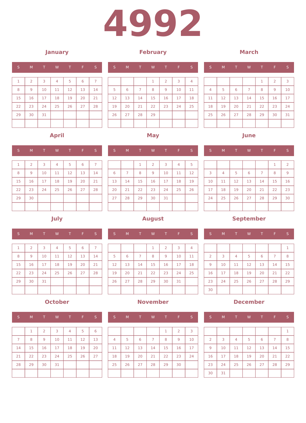 Printable 4992 Year Calendars puce