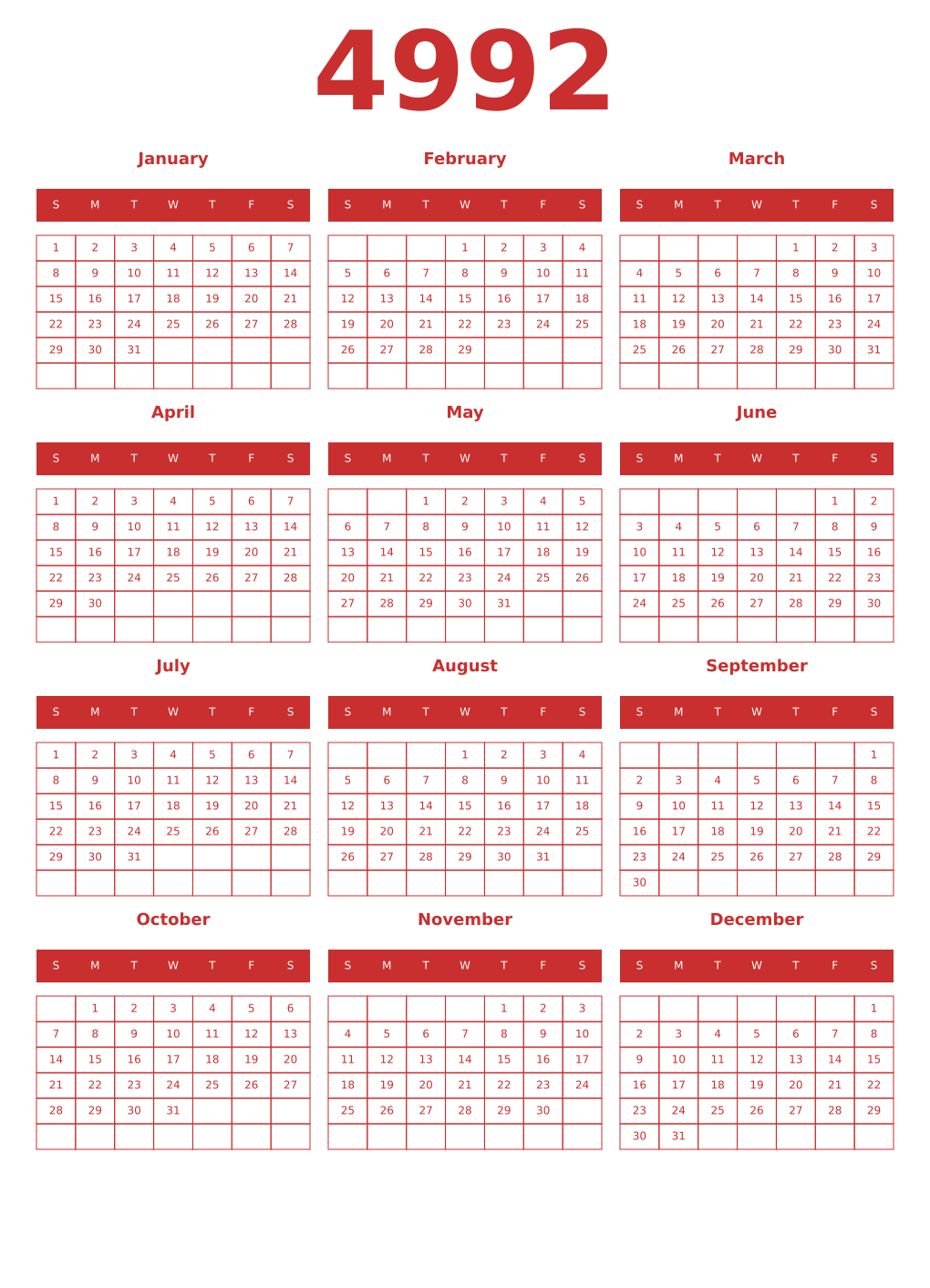 Printable 4992 Year Calendars red