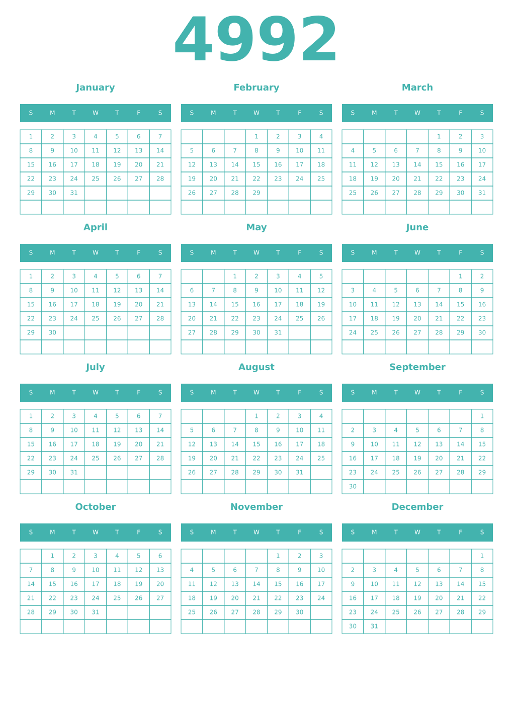 Printable 4992 Year Calendars verdigris