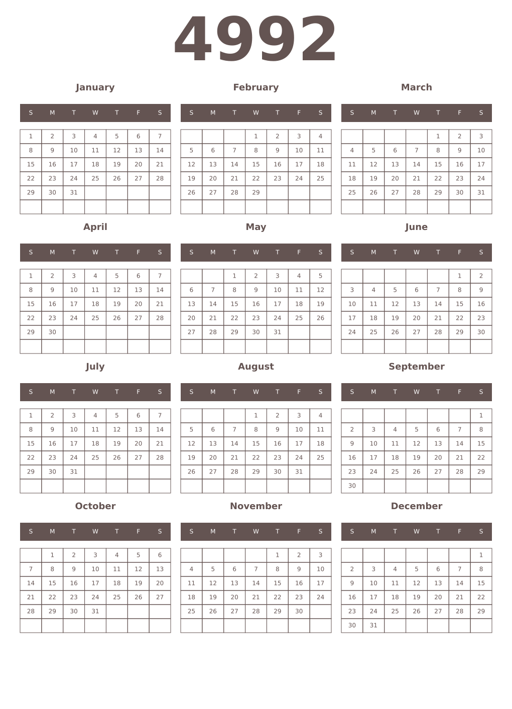 Printable 4992 Year Calendars wenge