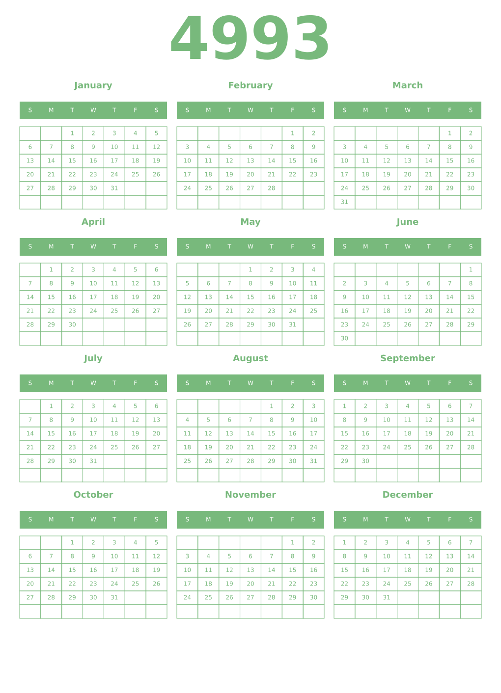 Printable 4993 Year Calendars celadon
