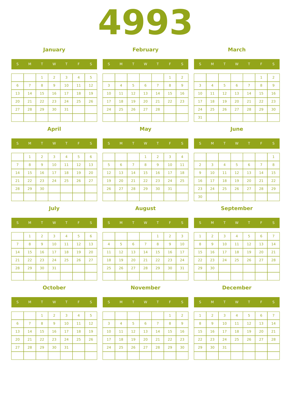 Printable 4993 Year Calendars chartreuse