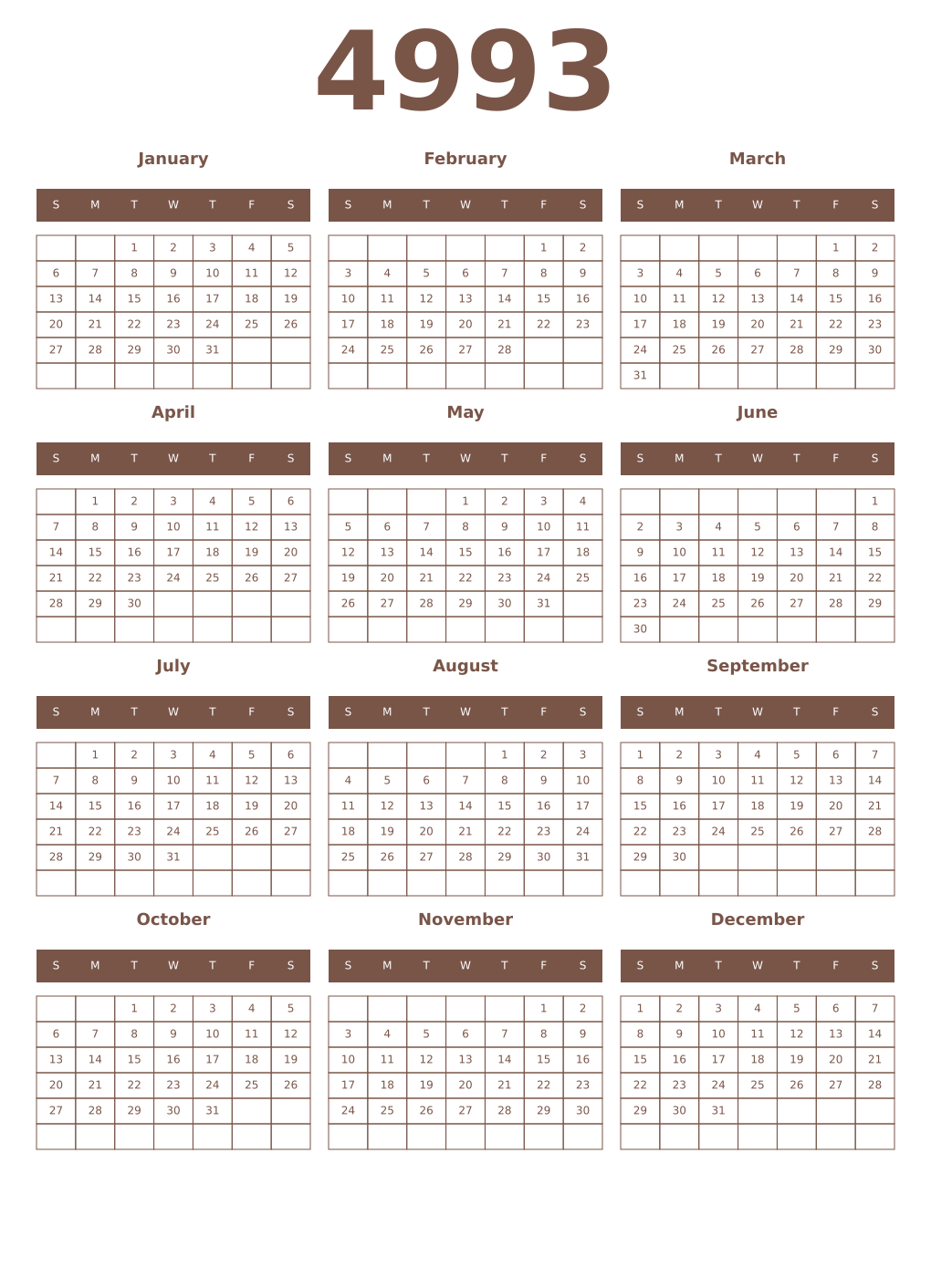 Printable 4993 Year Calendars coffe