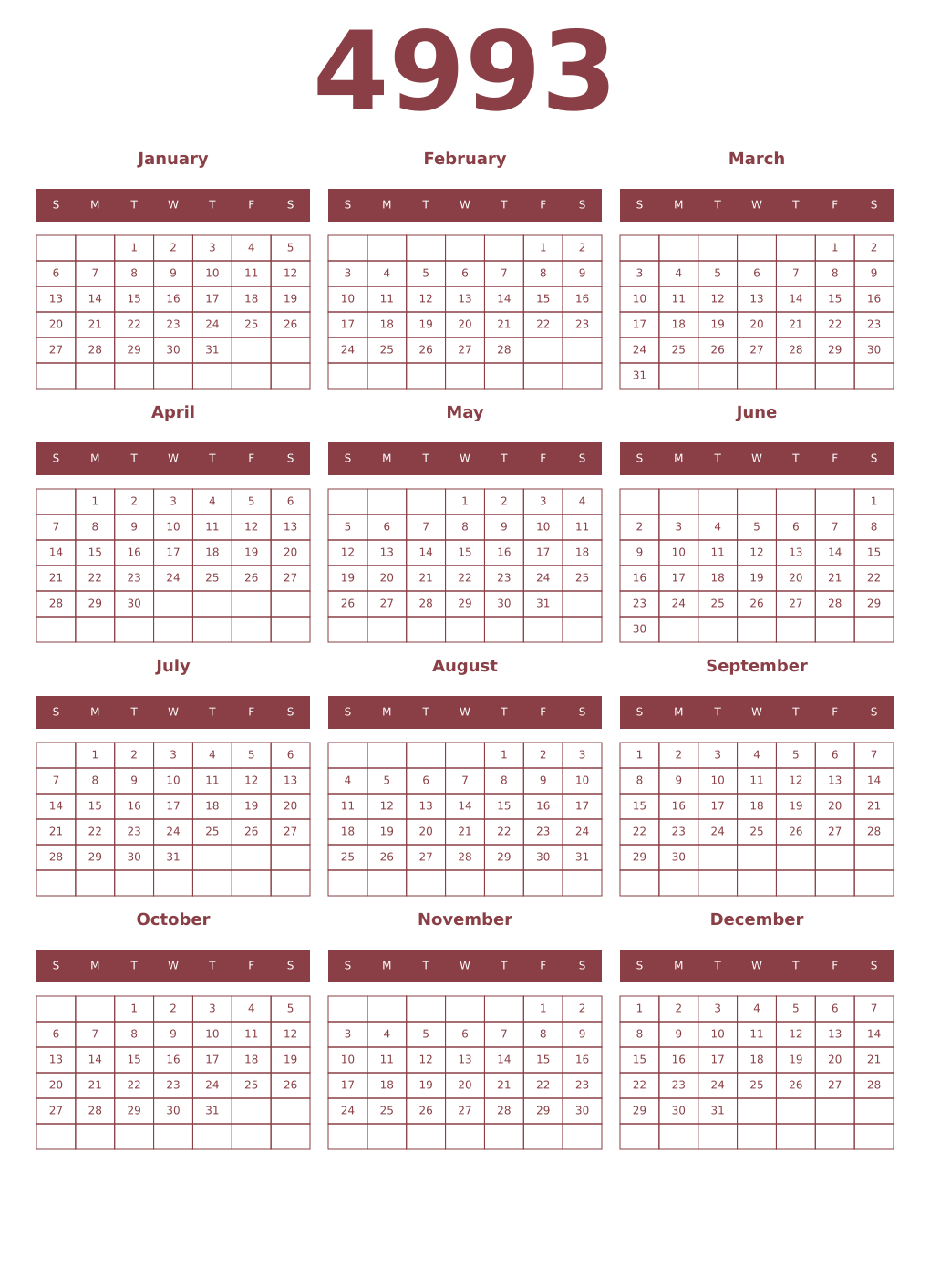 Printable 4993 Year Calendars cordovan