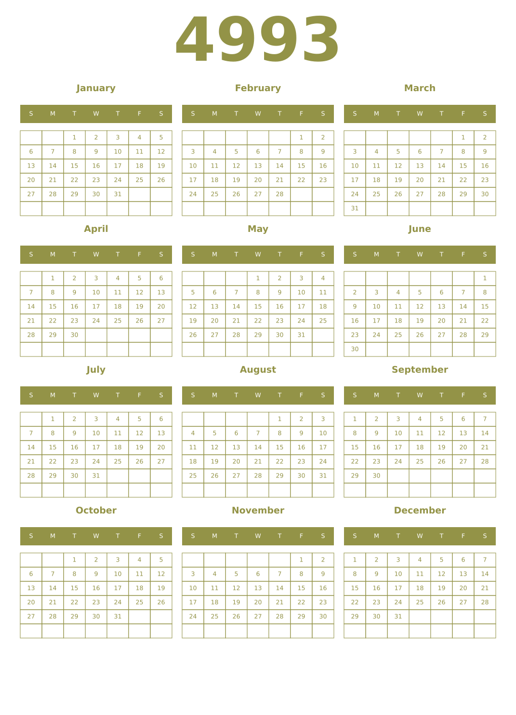 Printable 4993 Year Calendars eburnean