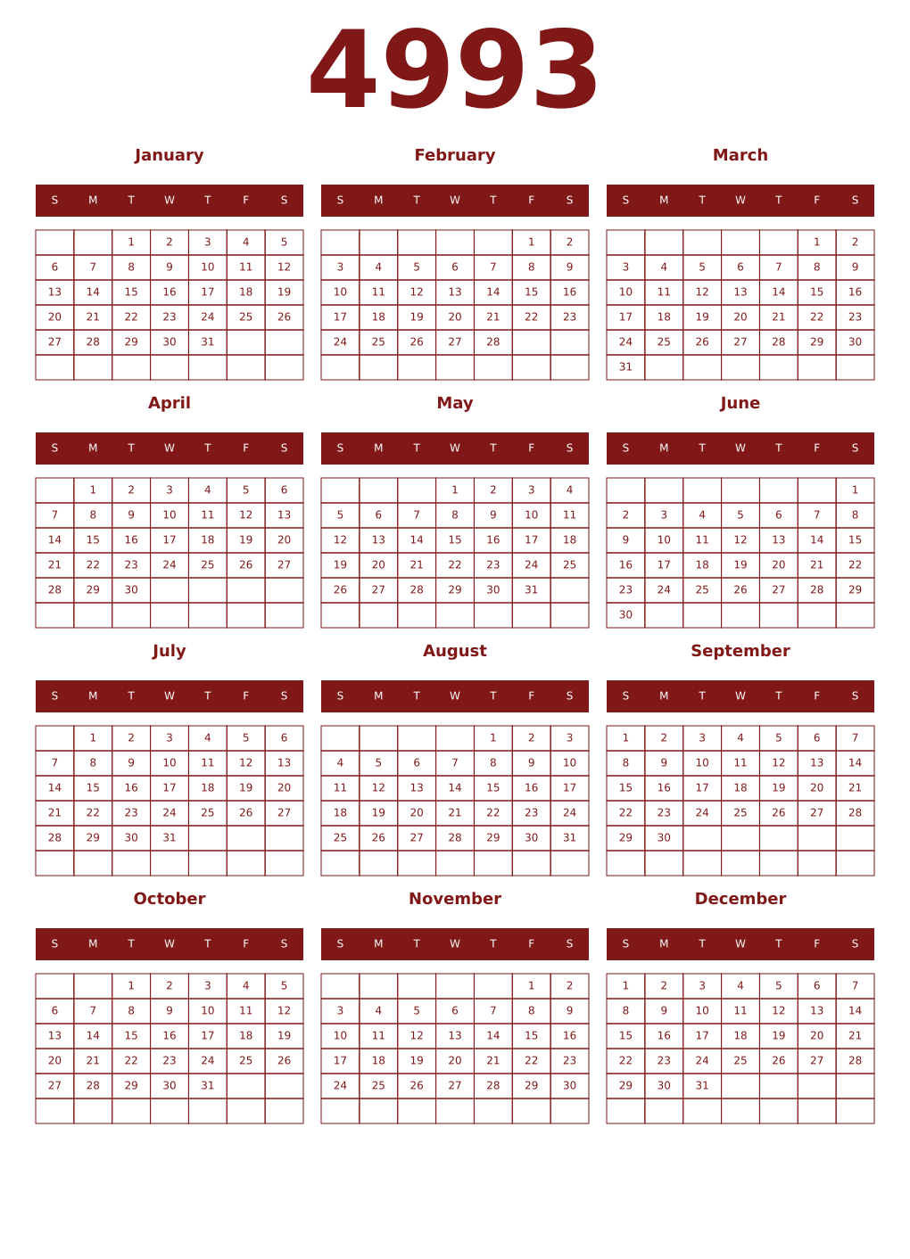 Printable 4993 Year Calendars falu