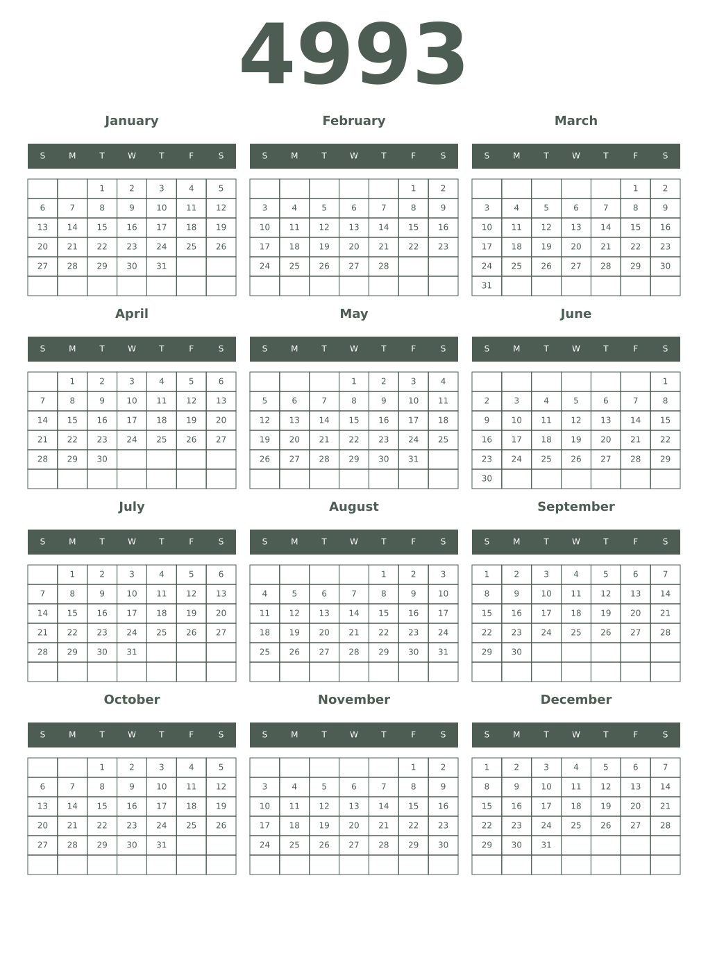 Printable 4993 Year Calendars feldgrau