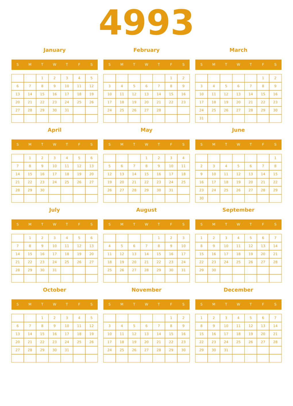 Printable 4993 Year Calendars gamboge