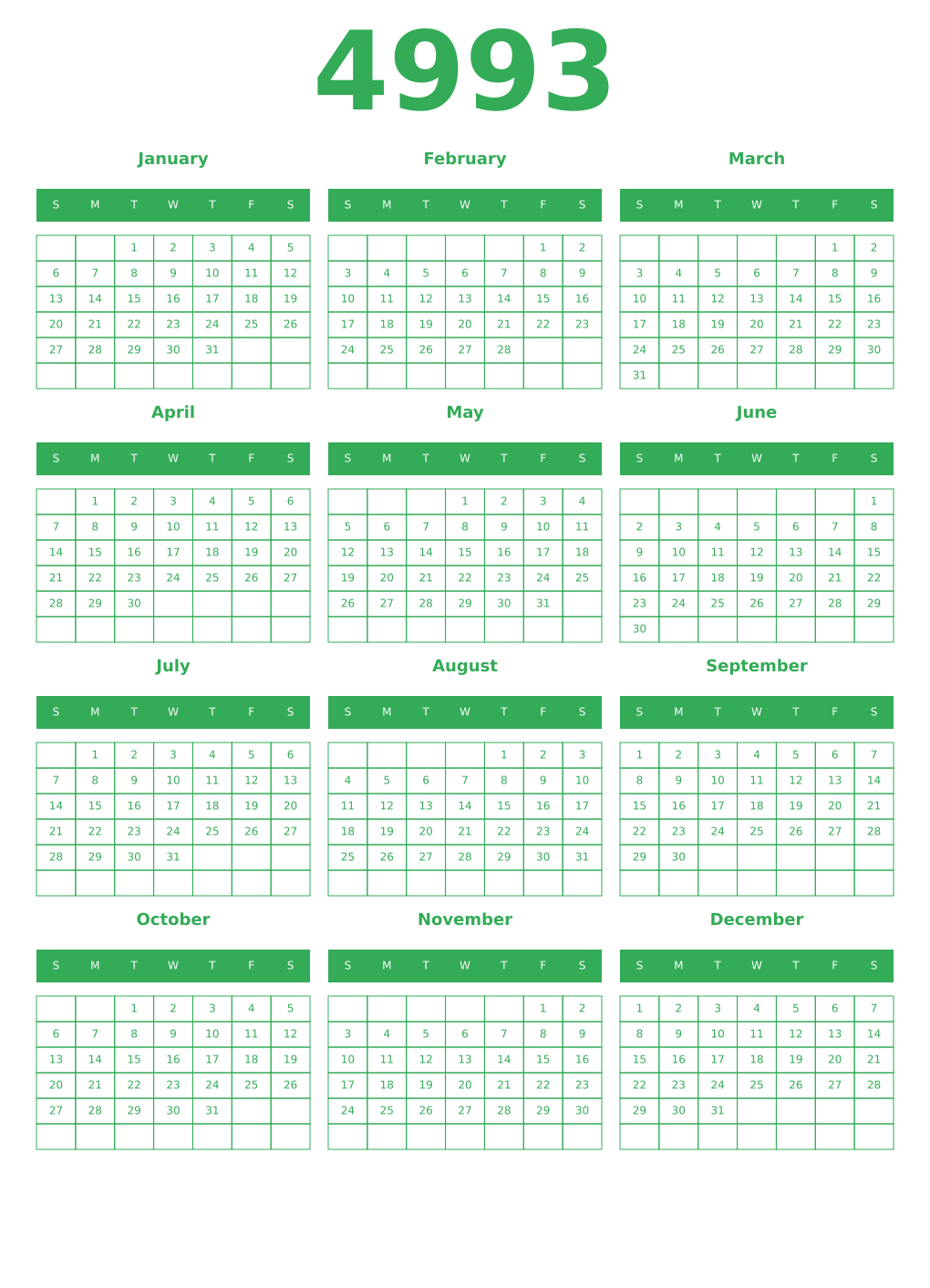 Printable 4993 Year Calendars green