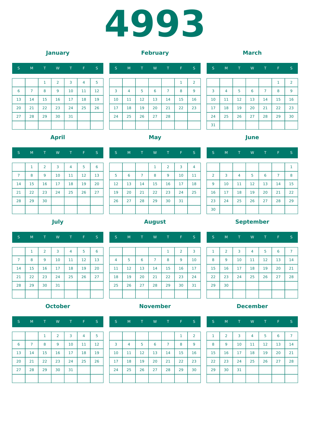 Printable 4993 Year Calendars pastel