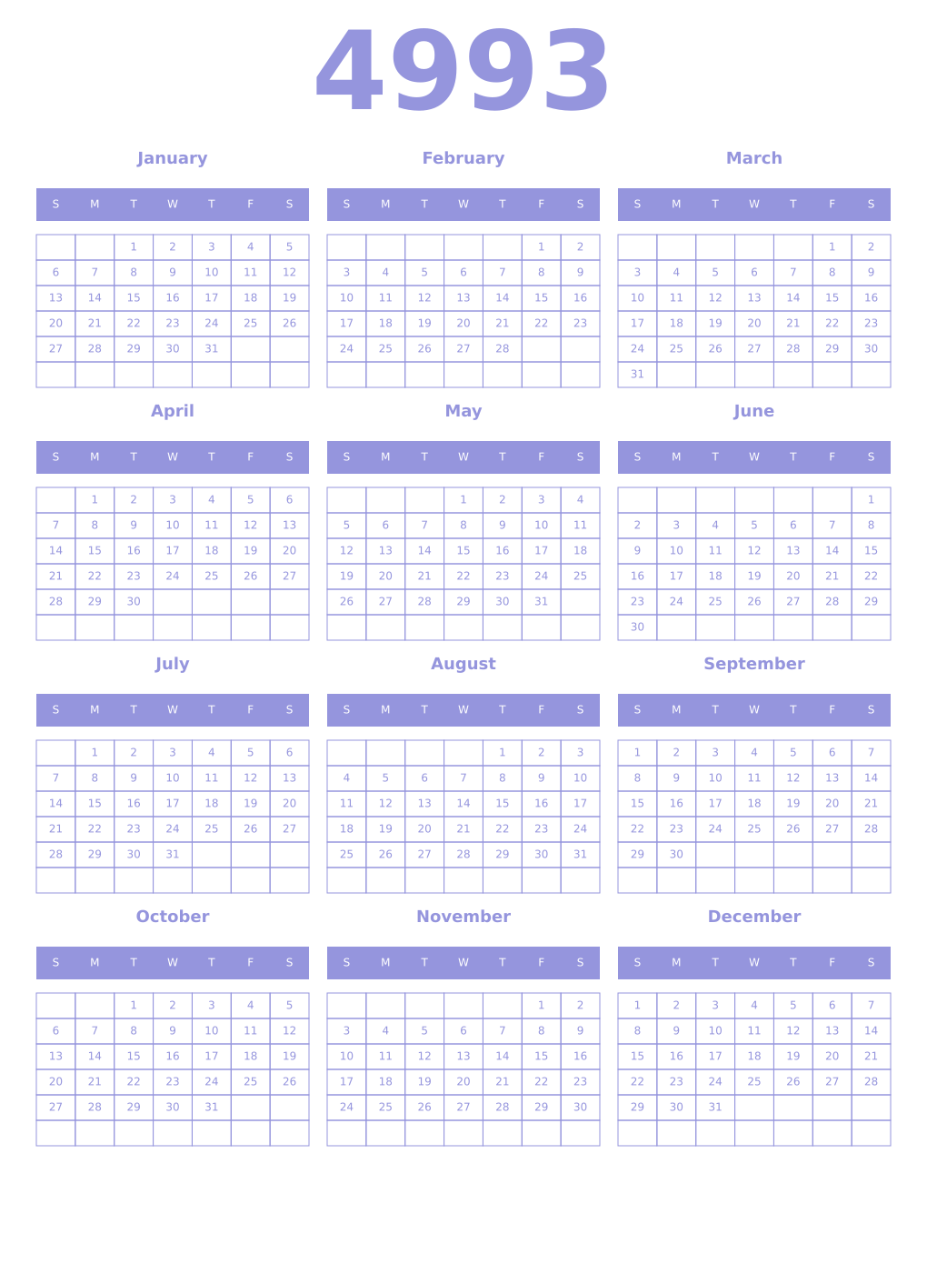 Printable 4993 Year Calendars periwinkle
