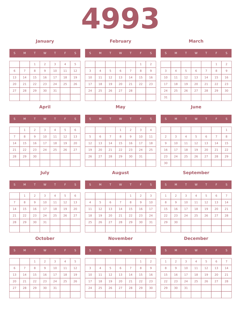Printable 4993 Year Calendars puce
