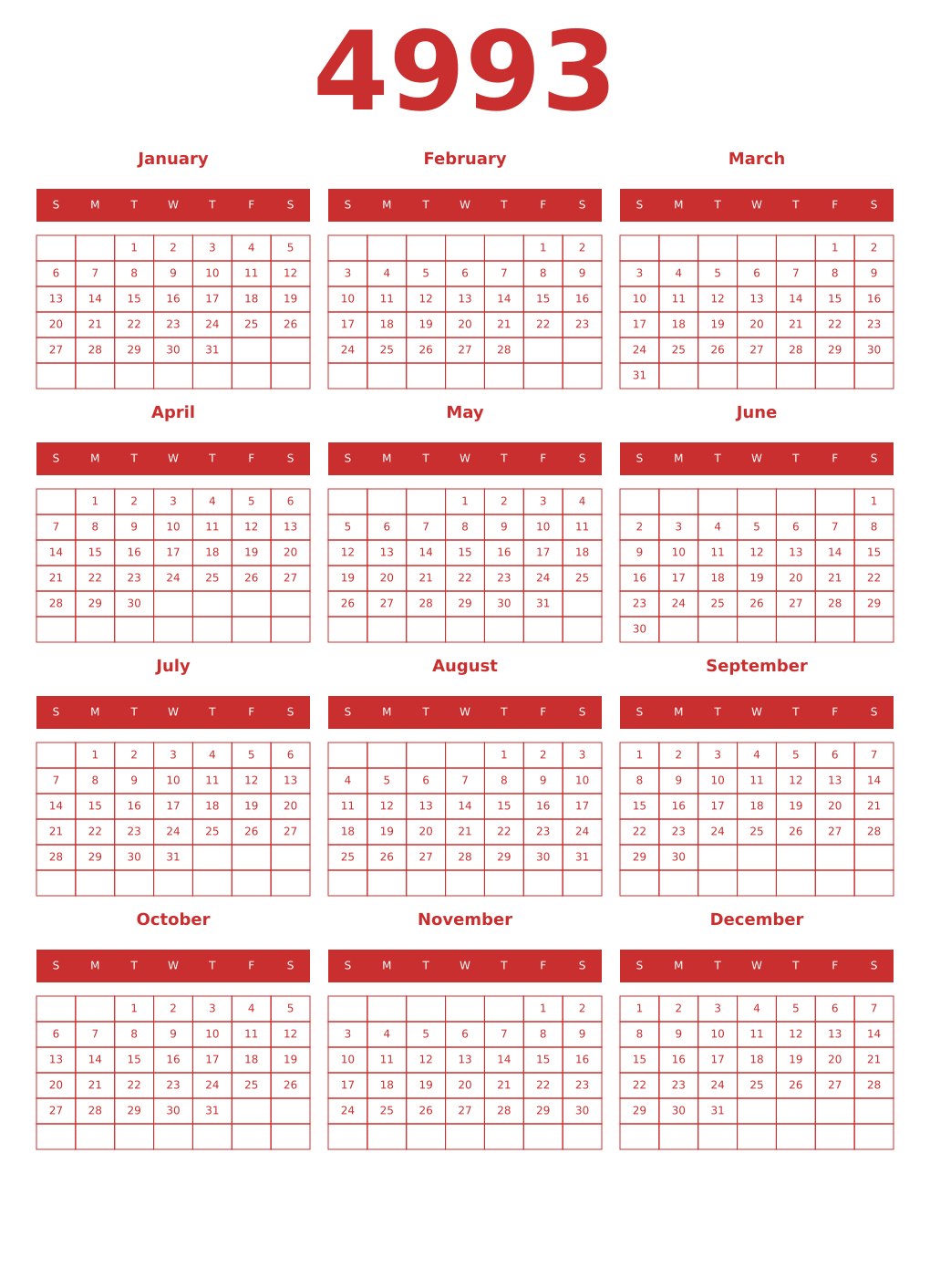 Printable 4993 Year Calendars red