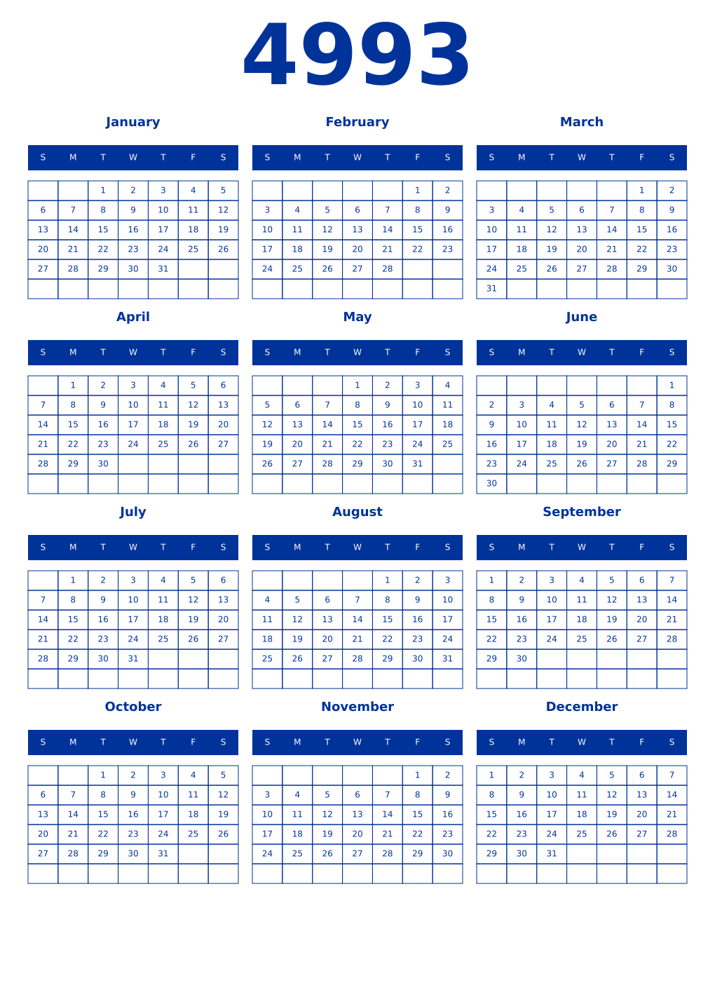 Printable 4993 Year Calendars smalt