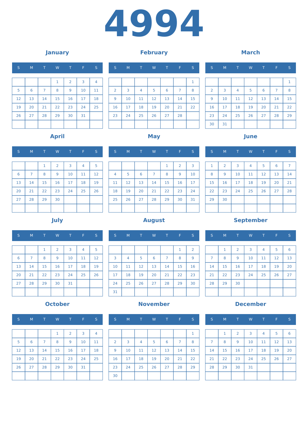 Printable 4994 Year Calendars blue