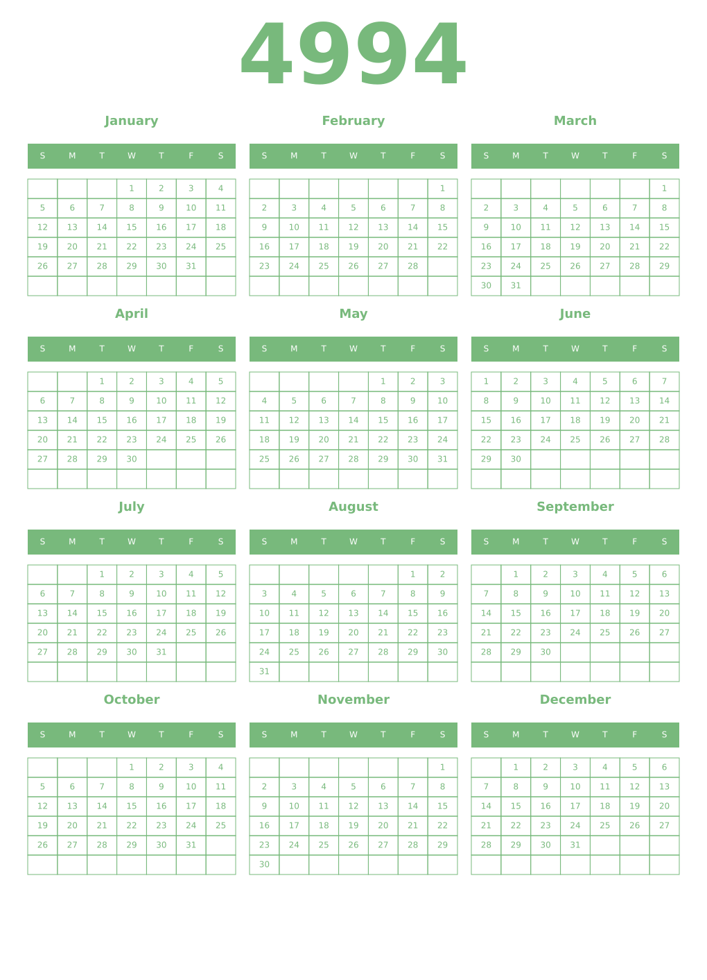 Printable 4994 Year Calendars celadon