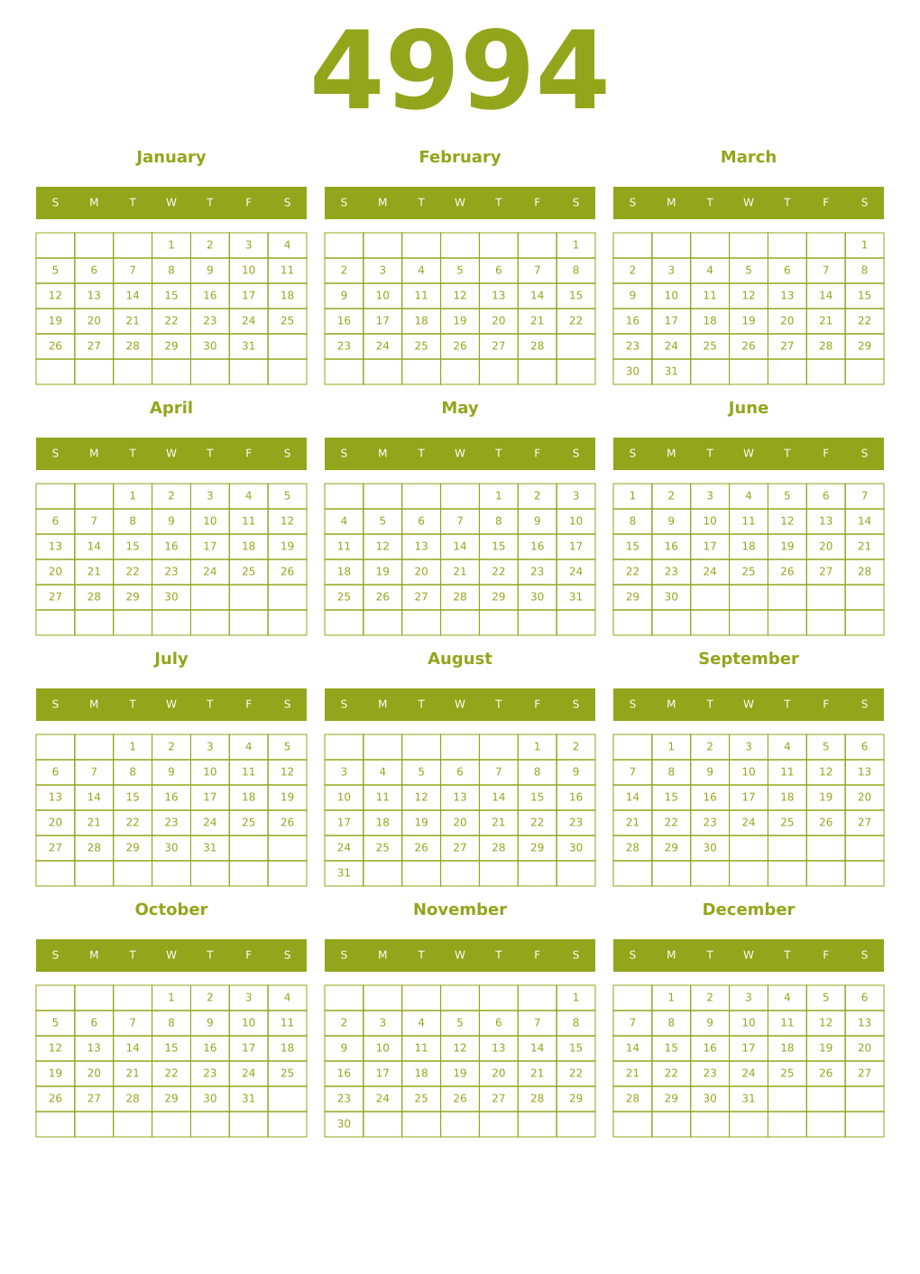 Printable 4994 Year Calendars chartreuse