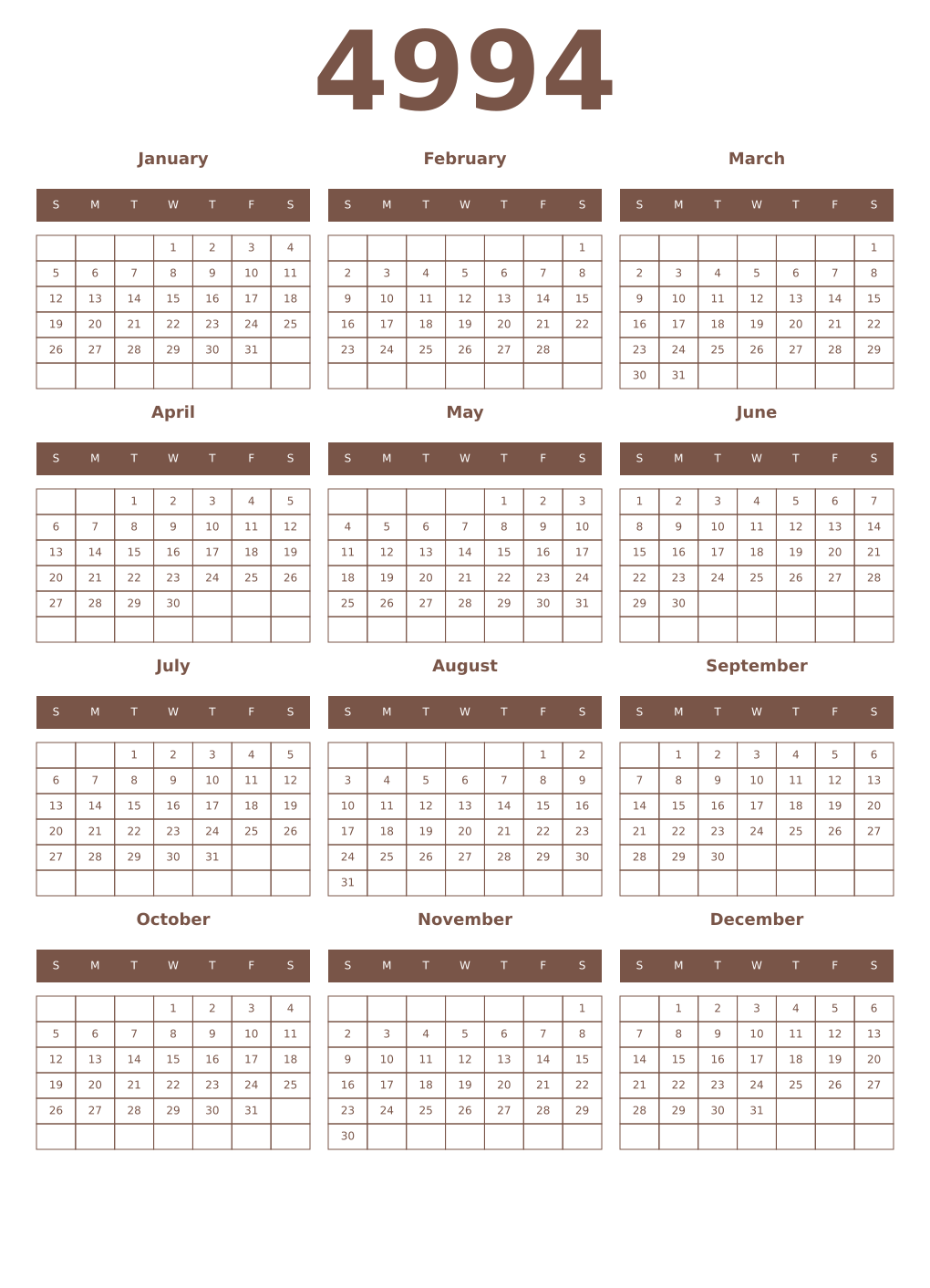 Printable 4994 Year Calendars coffe