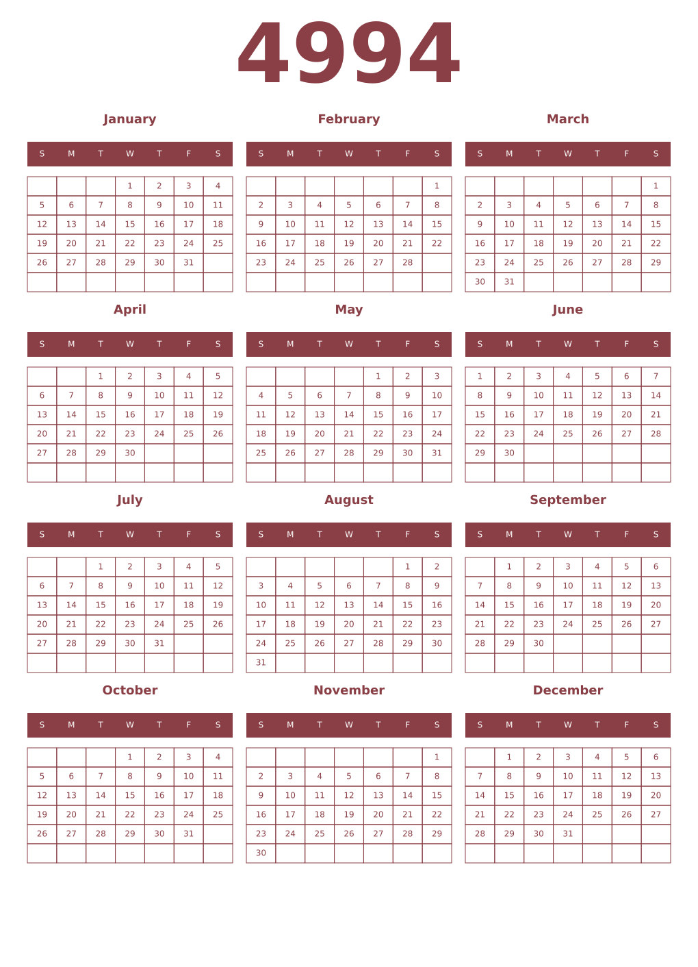 Printable 4994 Year Calendars cordovan