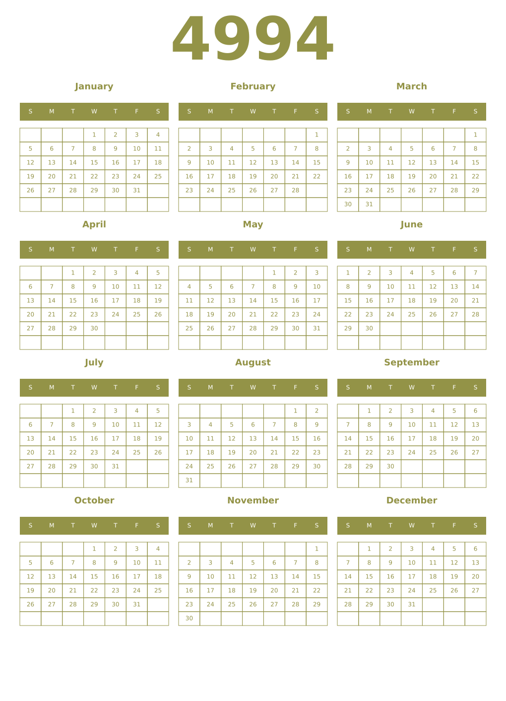 Printable 4994 Year Calendars eburnean