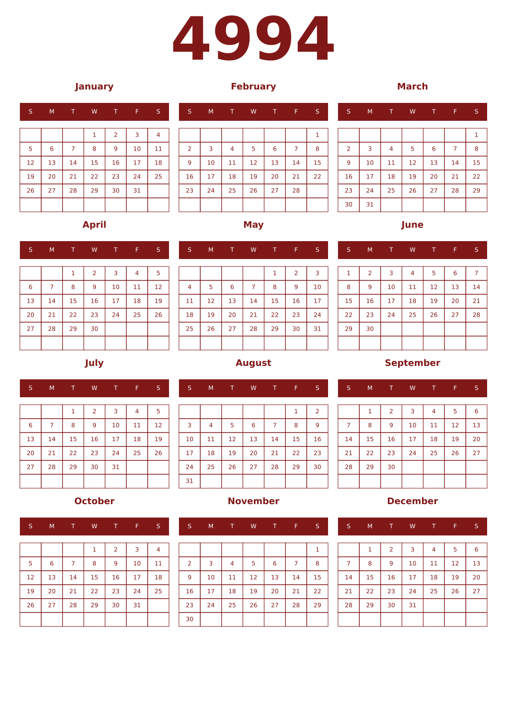 Printable 4994 Year Calendars falu