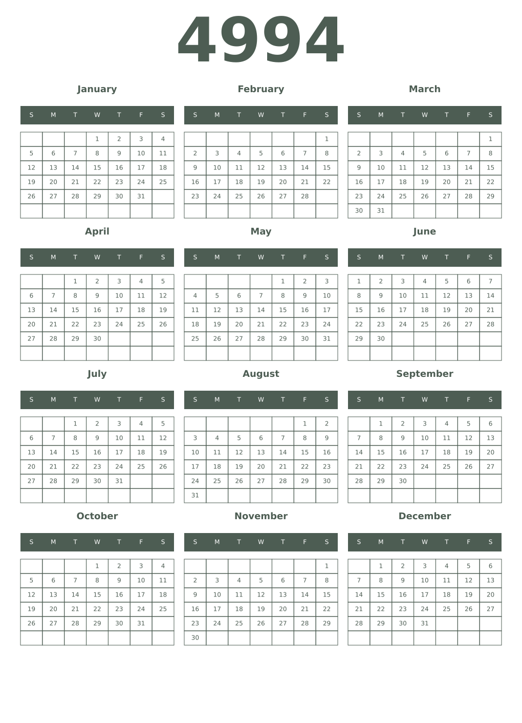Printable 4994 Year Calendars feldgrau