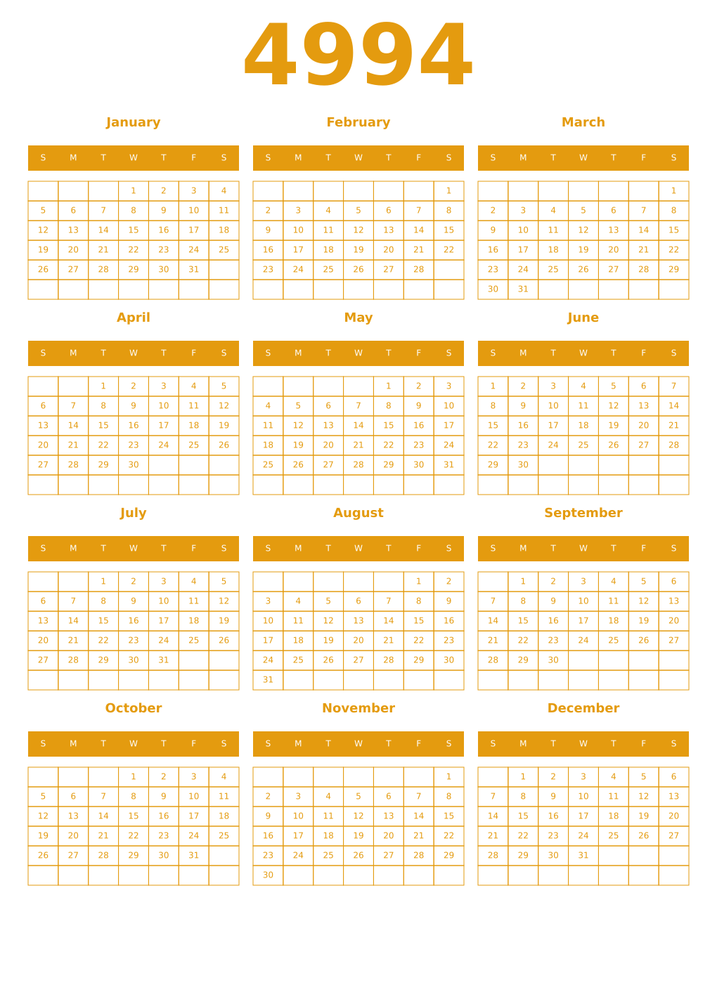 Printable 4994 Year Calendars gamboge