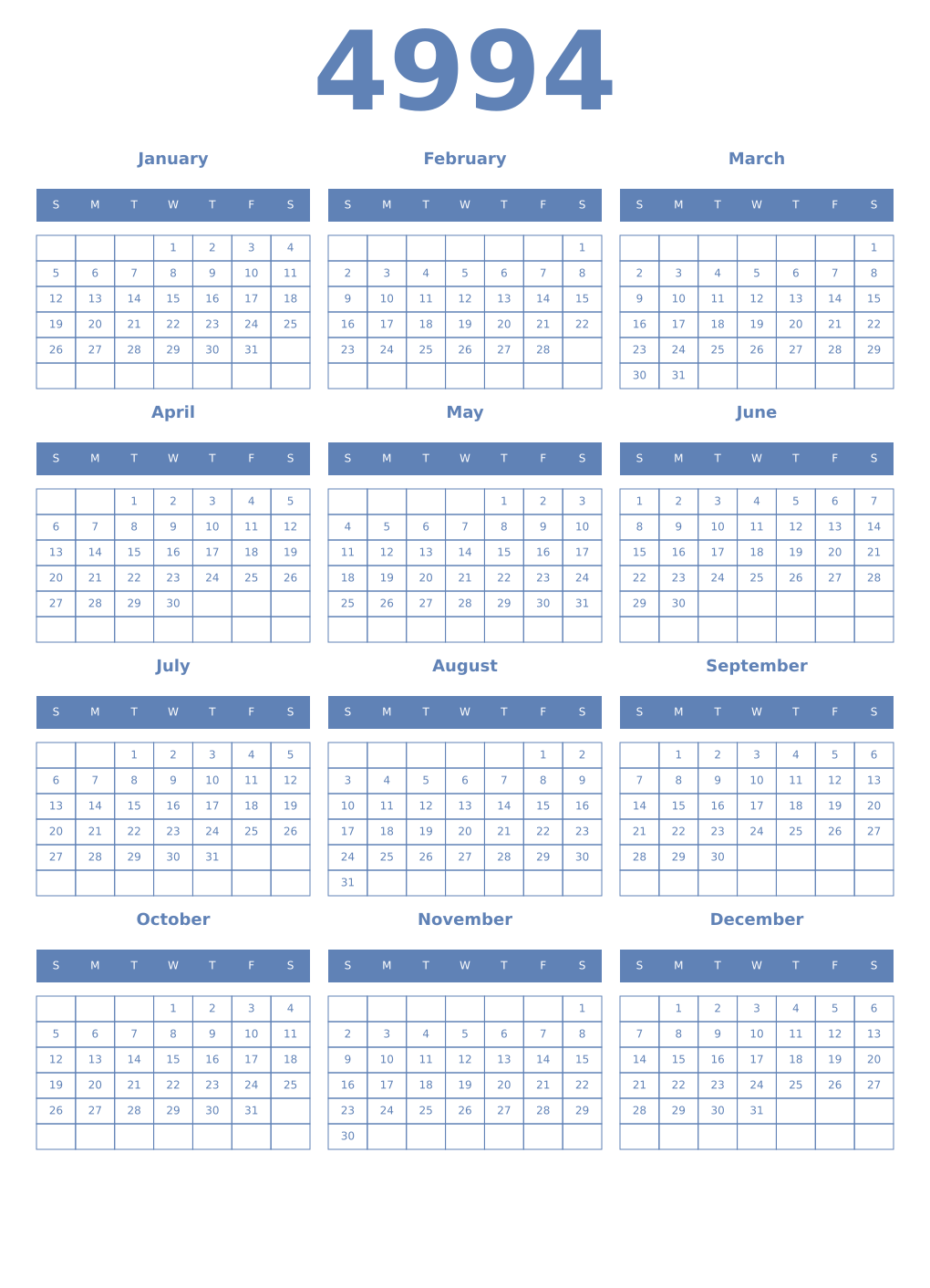 Printable 4994 Year Calendars glaucous