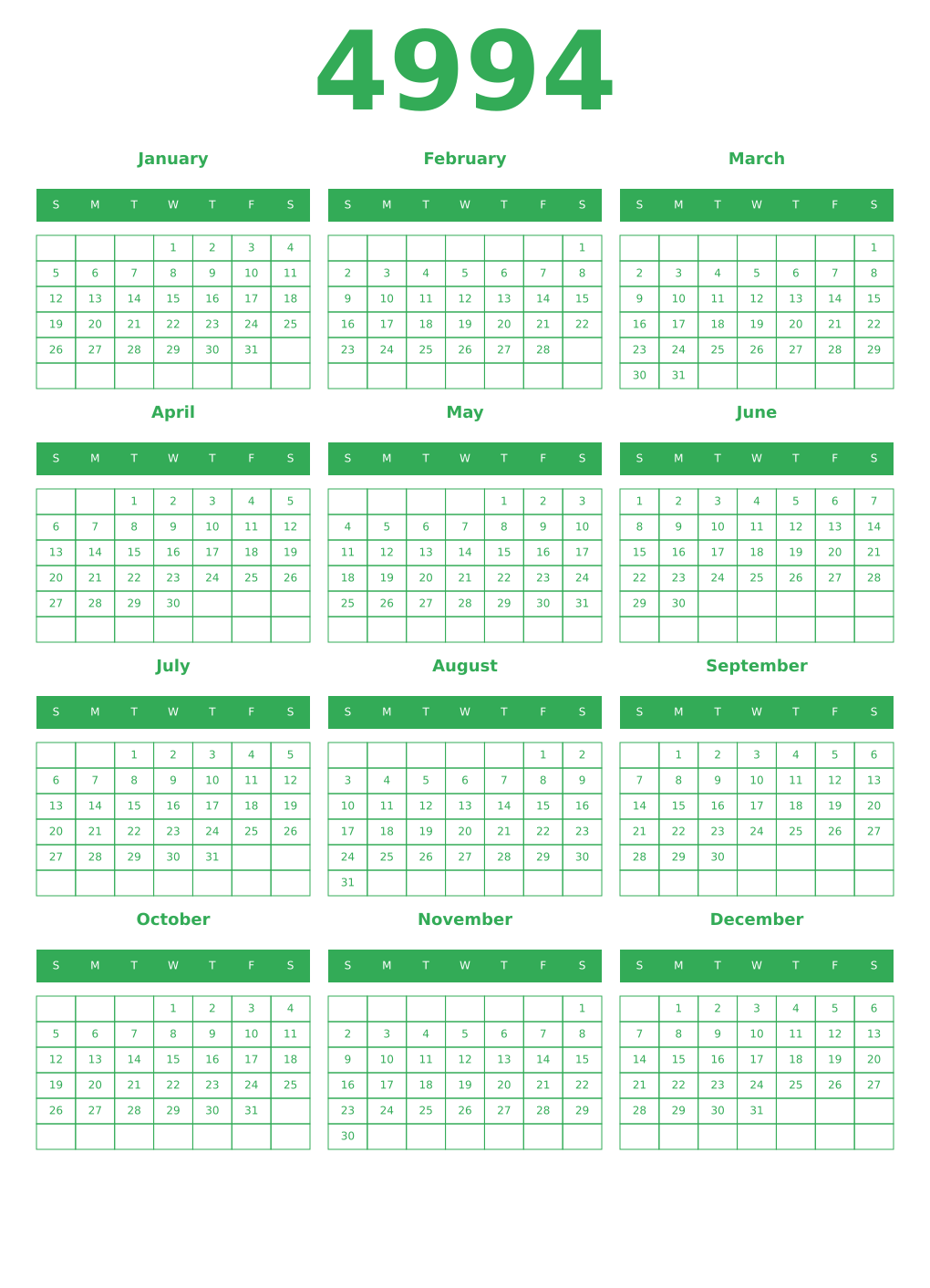 Printable 4994 Year Calendars green