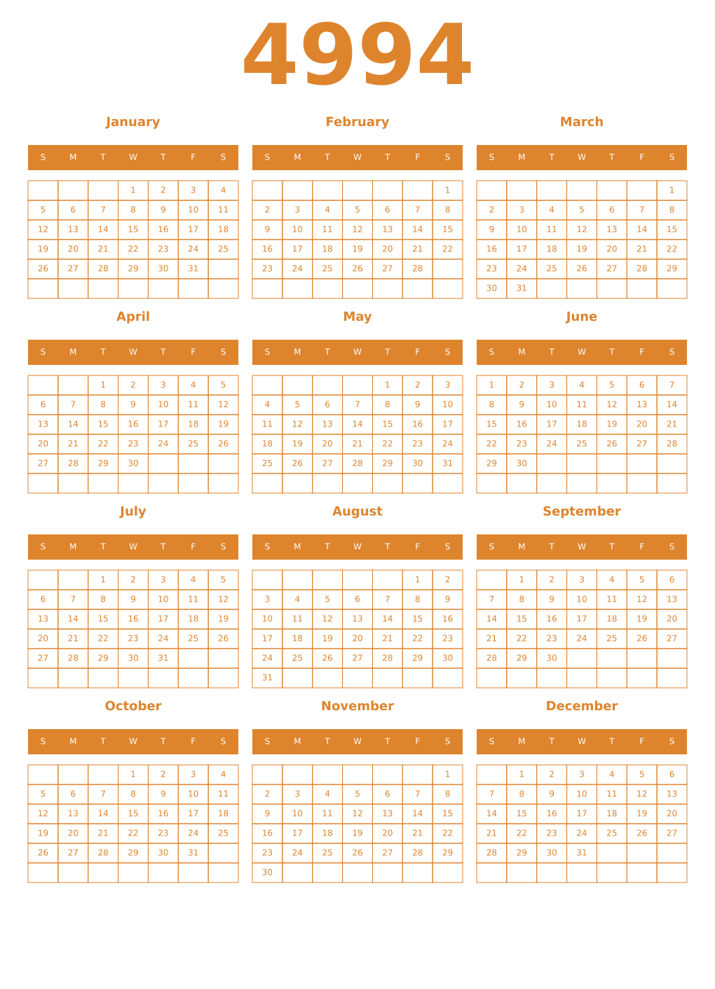 Printable 4994 Year Calendars orange