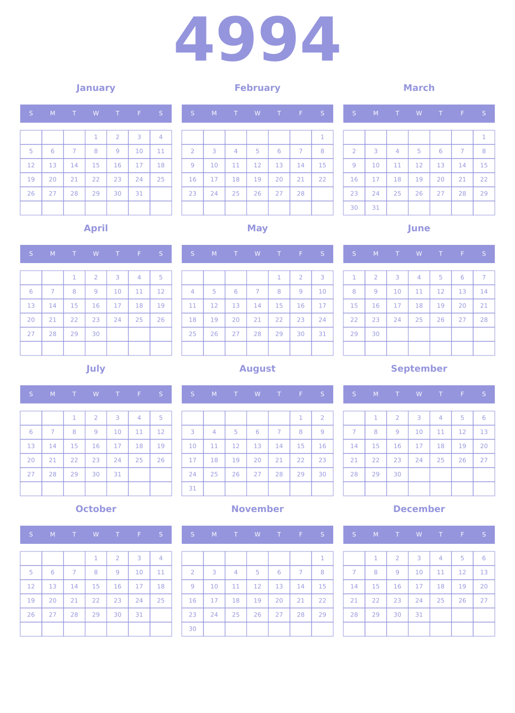 Printable 4994 Year Calendars periwinkle