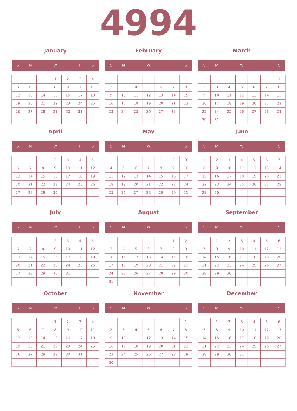 Printable 4994 Year Calendars puce