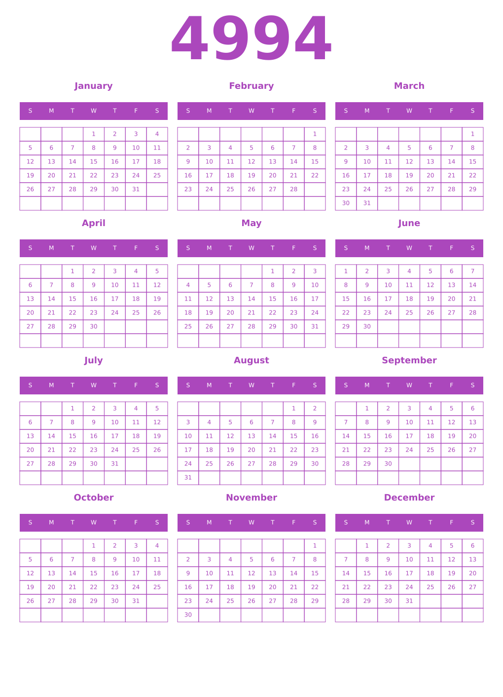 Printable 4994 Year Calendars purple