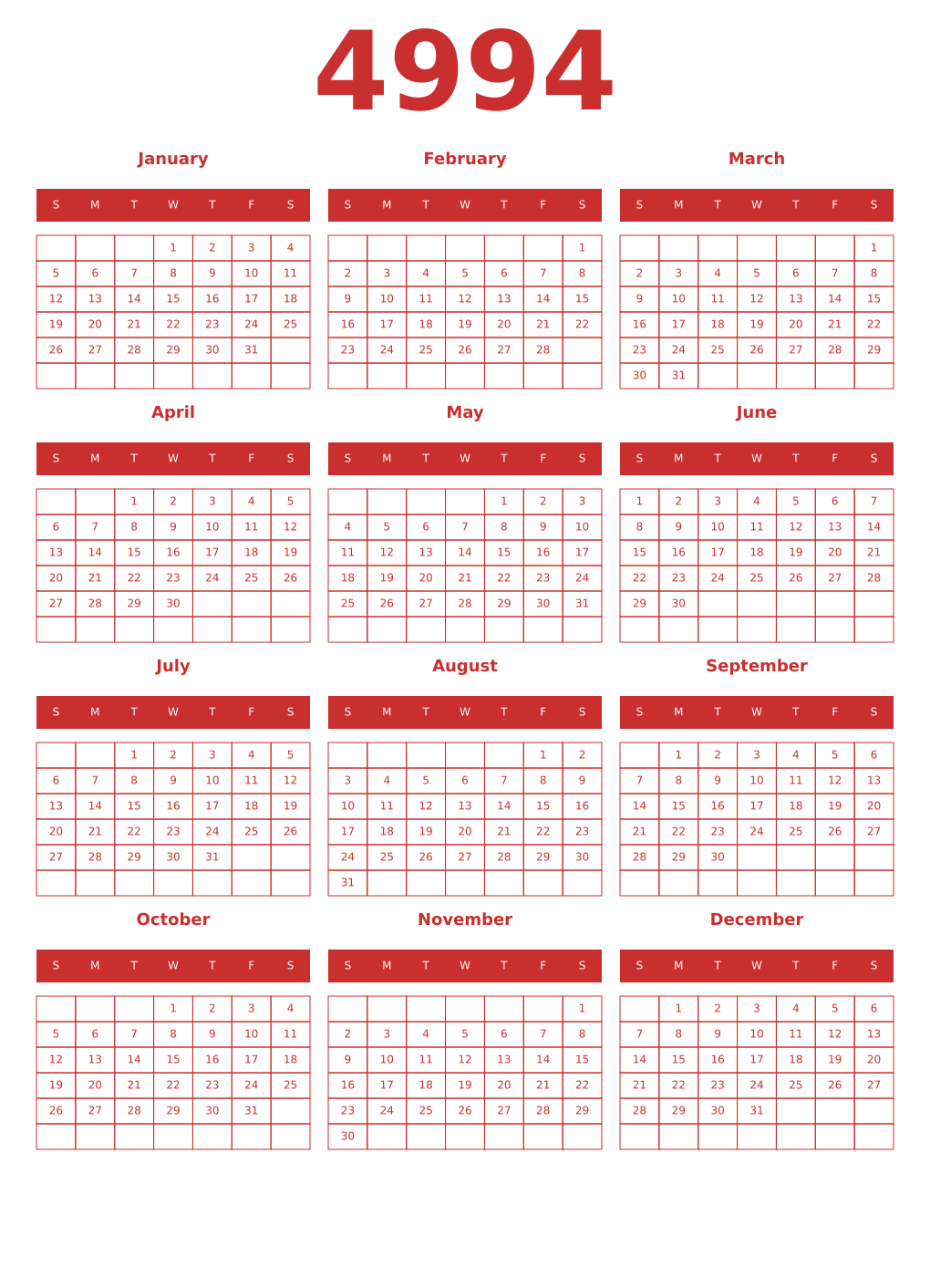 Printable 4994 Year Calendars red