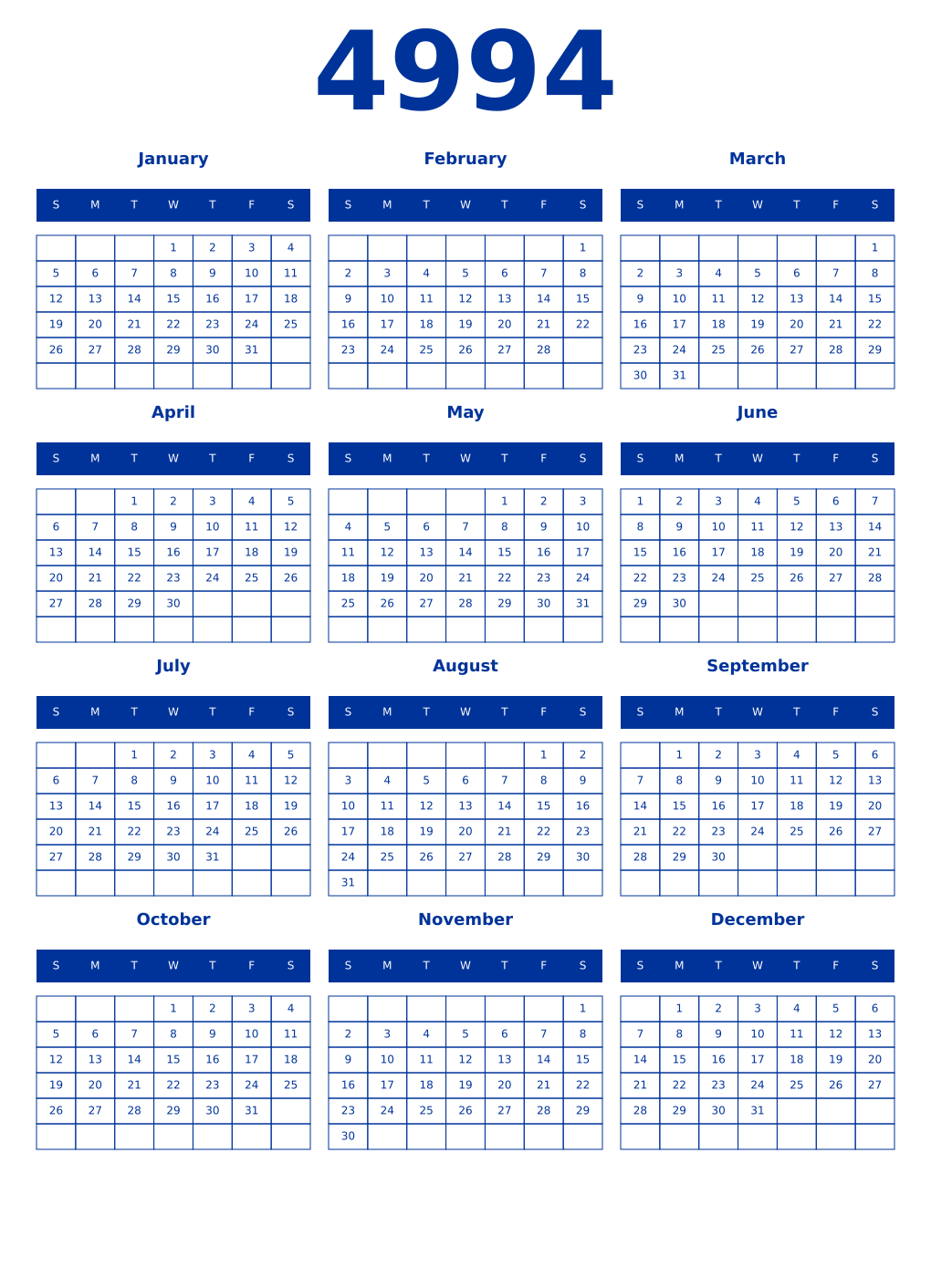 Printable 4994 Year Calendars smalt