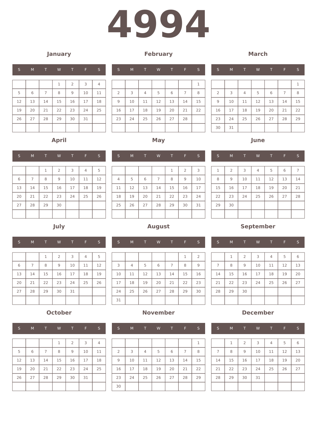 Printable 4994 Year Calendars wenge