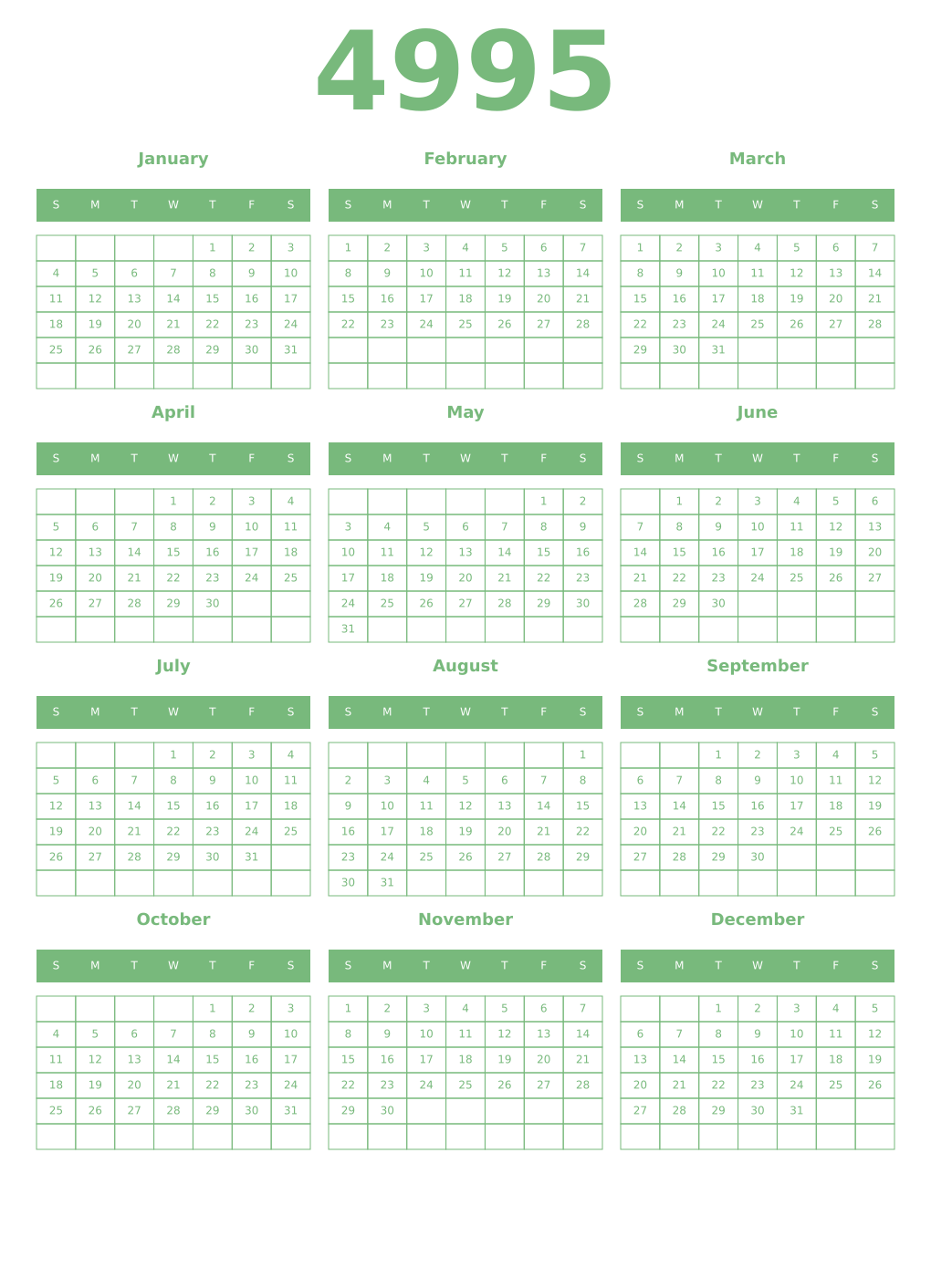 Printable 4995 Year Calendars celadon