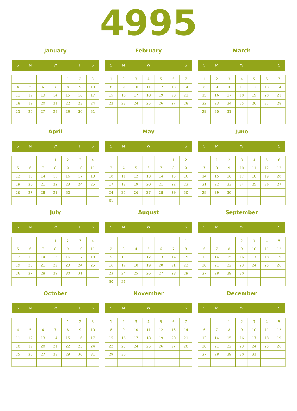 Printable 4995 Year Calendars chartreuse