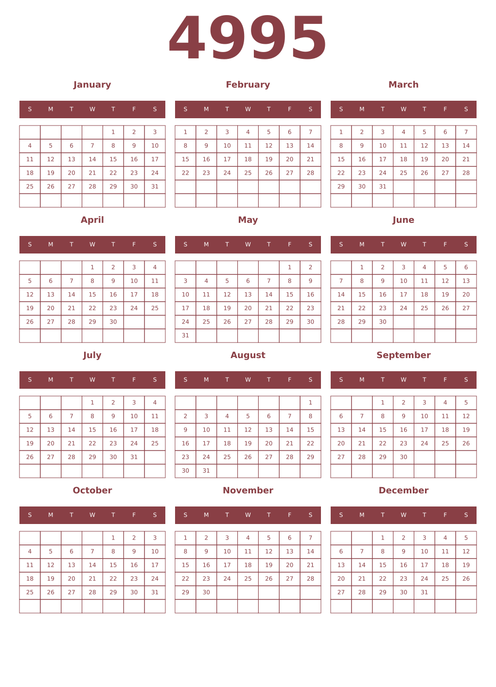 Printable 4995 Year Calendars cordovan