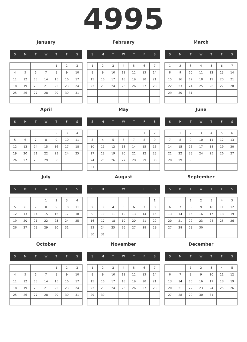 Printable 4995 Year Calendars dark