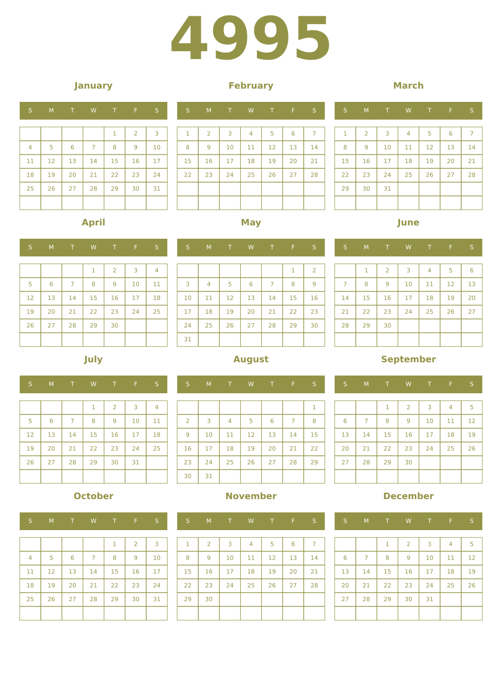 Printable 4995 Year Calendars eburnean