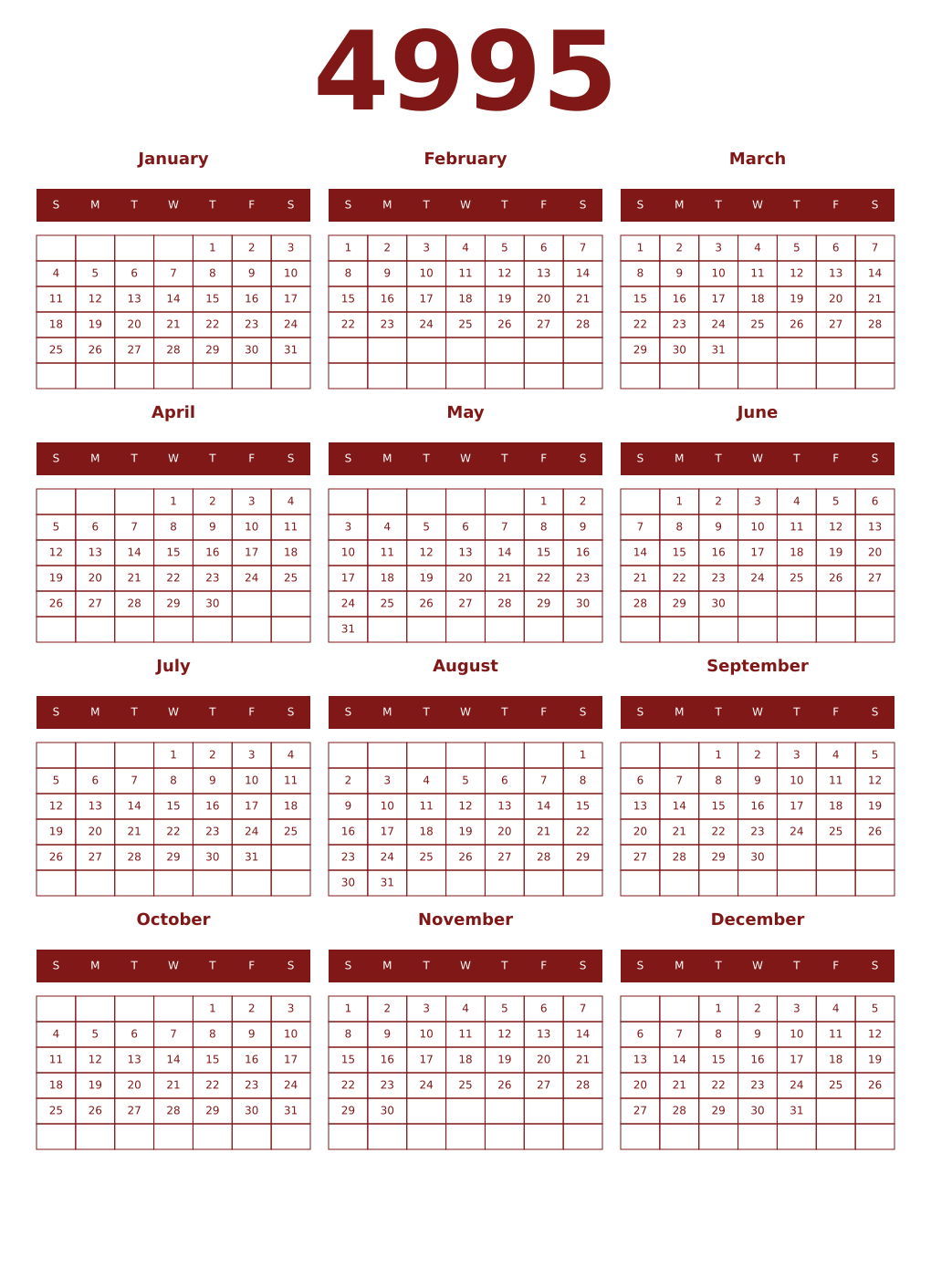 Printable 4995 Year Calendars falu