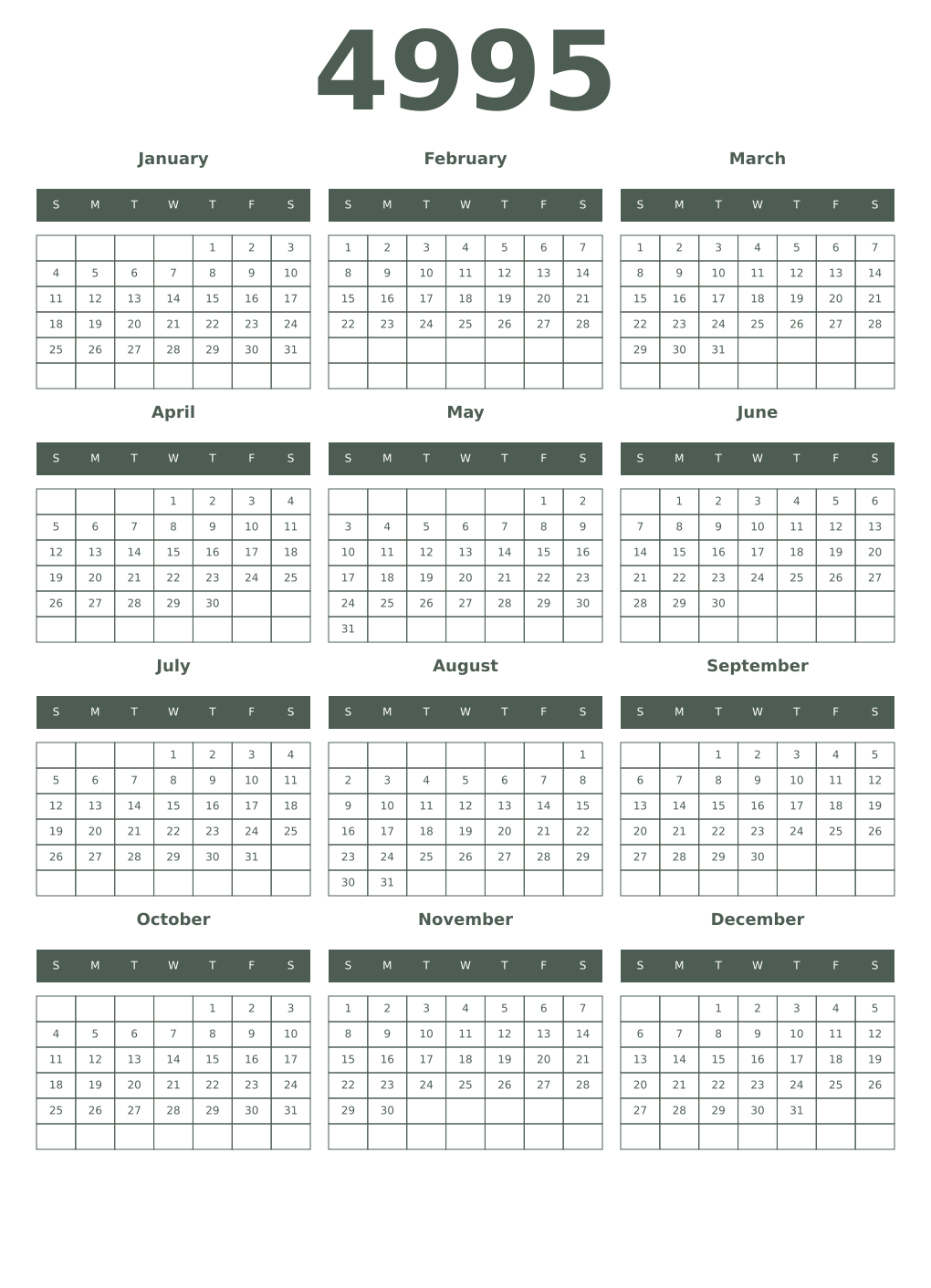 Printable 4995 Year Calendars feldgrau