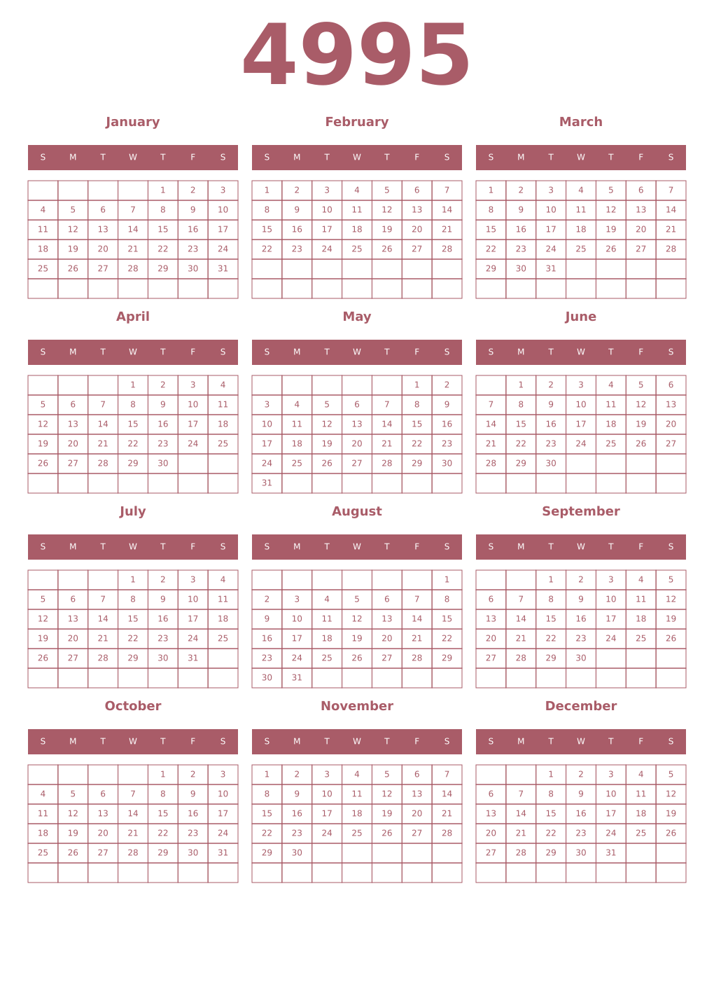 Printable 4995 Year Calendars puce