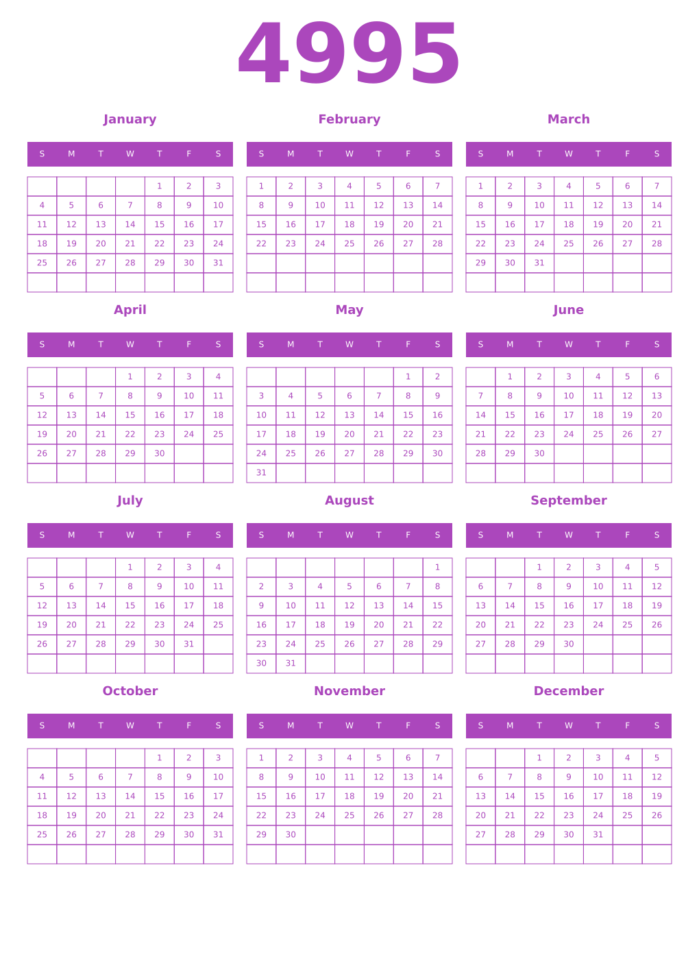 Printable 4995 Year Calendars purple