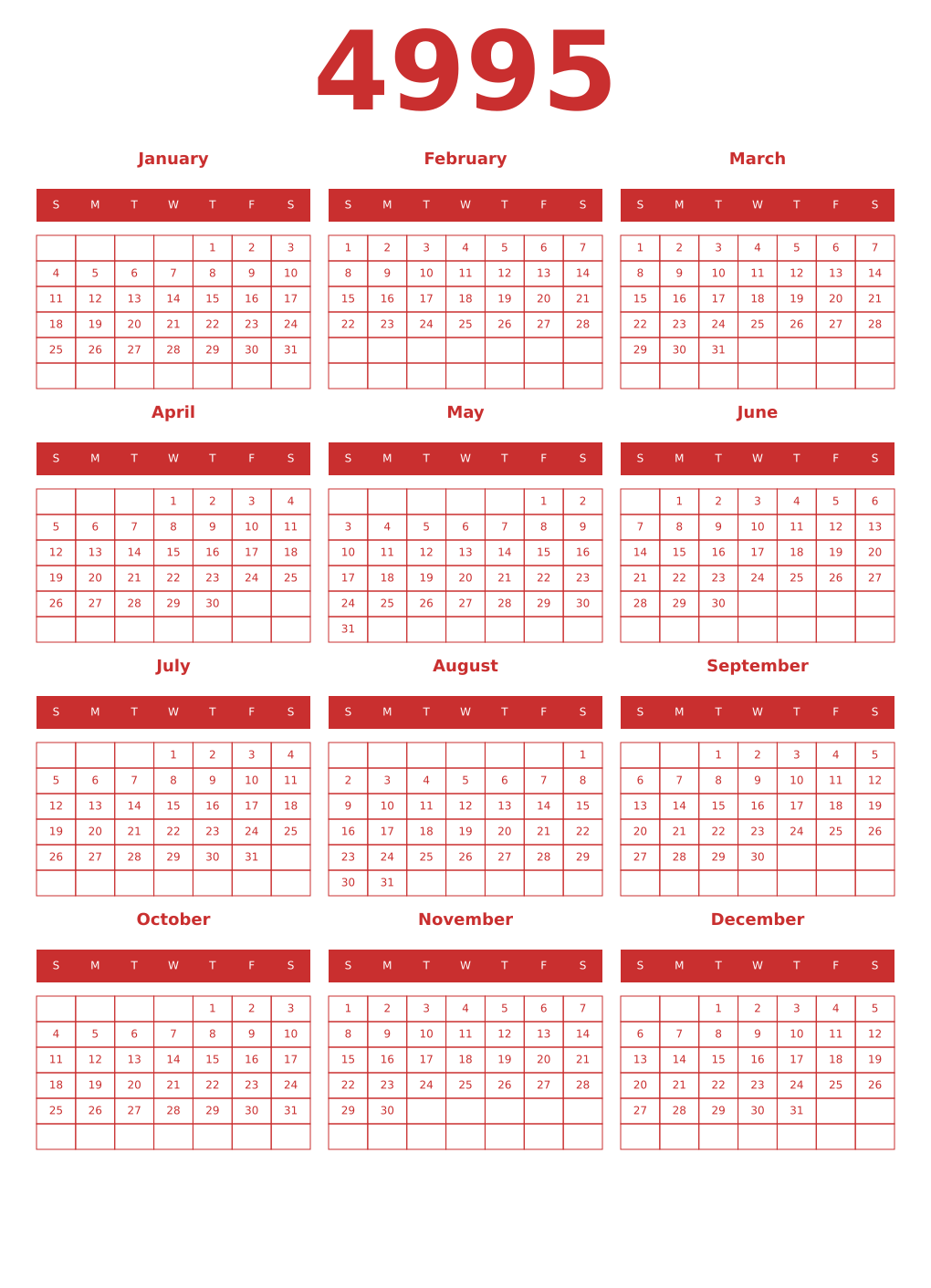 Printable 4995 Year Calendars red