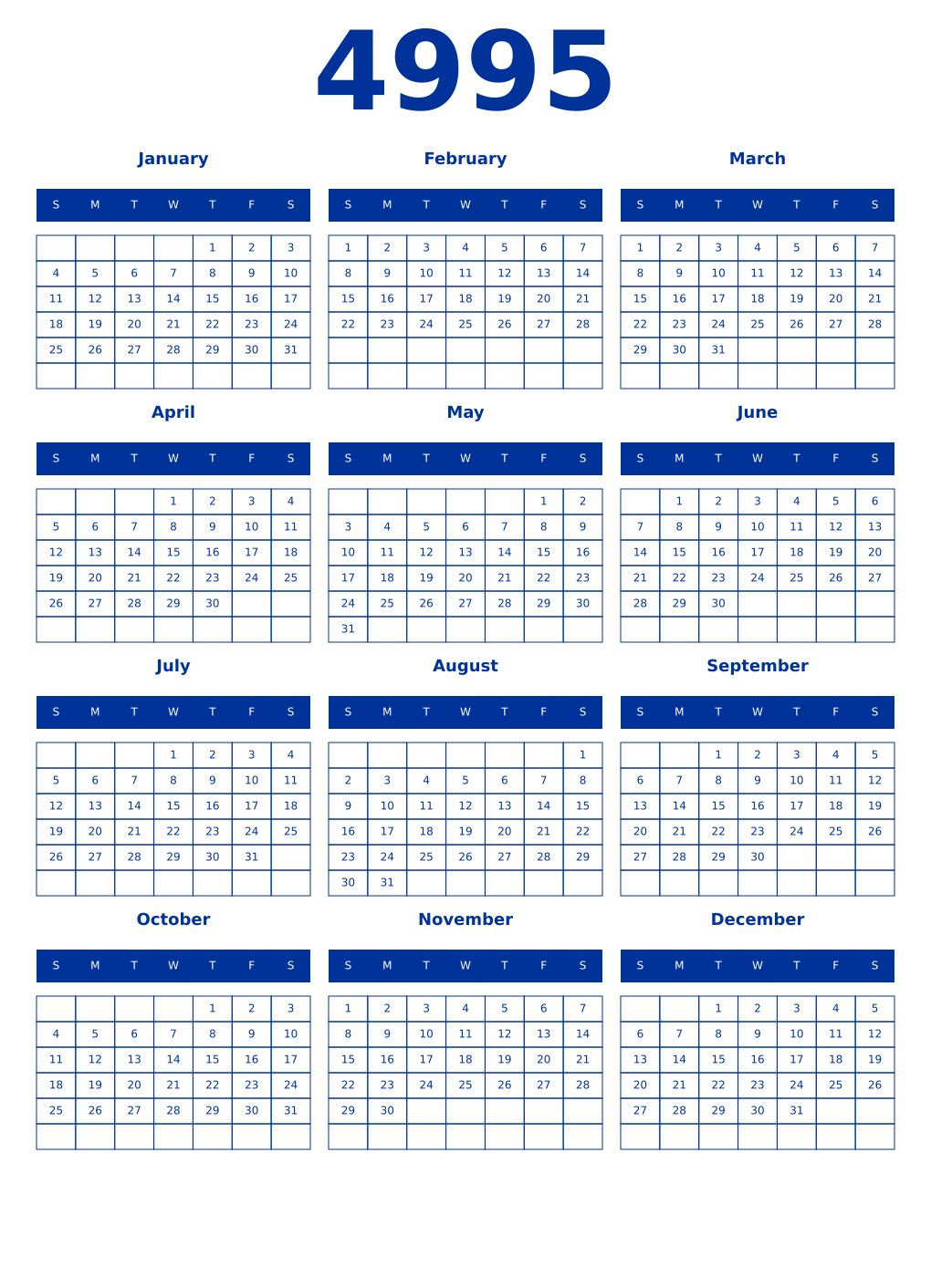 Printable 4995 Year Calendars smalt